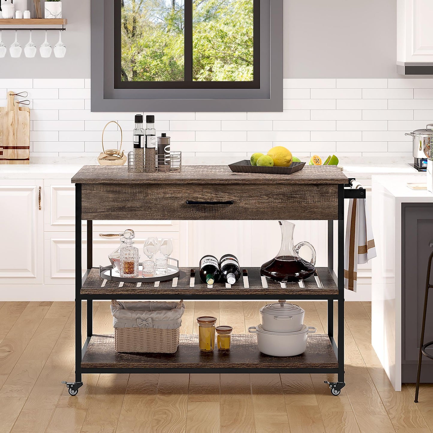 Yaheetech Serving Cart with Drawer Kitchen Trolley with 2 Shelves Rolling Cart Kitchen Trolley with 4 Wheels Kitchen Shelf Movable Kitchen Islands Side Table 109.5 x 51 x 92 cm, Taupe.