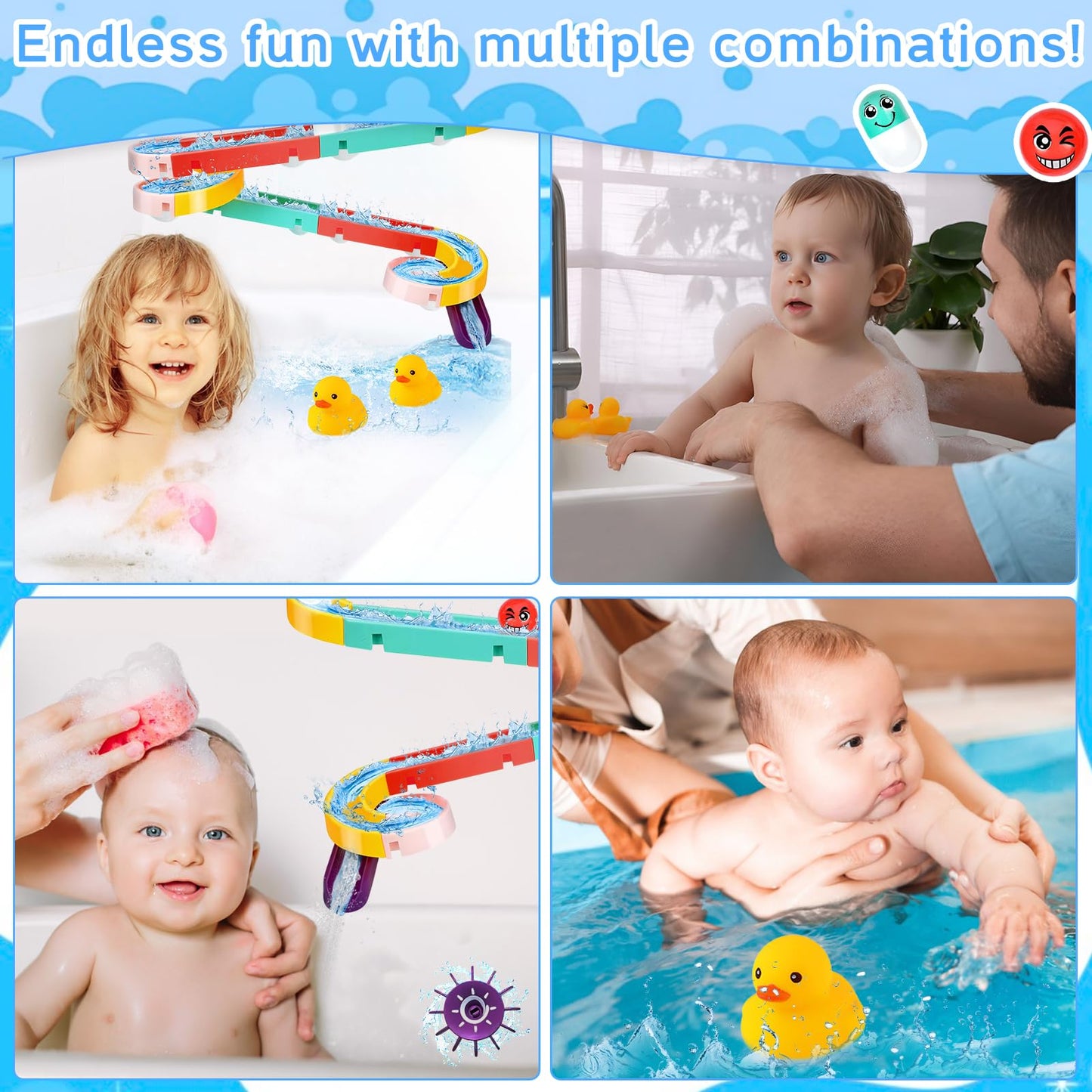 Bath toys, 44 pieces of bathtub toys for 3 4 5 6 years old, DIY marble run water toy for kids, bathtub toy with suction cups, gift for boys girls birthday.