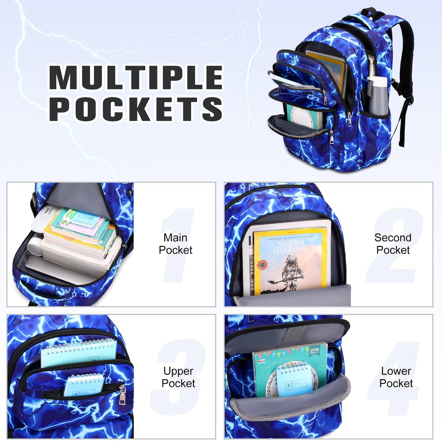 Bevalsa backpack for boys, flash school bag for children with lunch bag and pencil case, book bag for boys girls kids teens for elementary middle school Congratulations (Lightning strike)