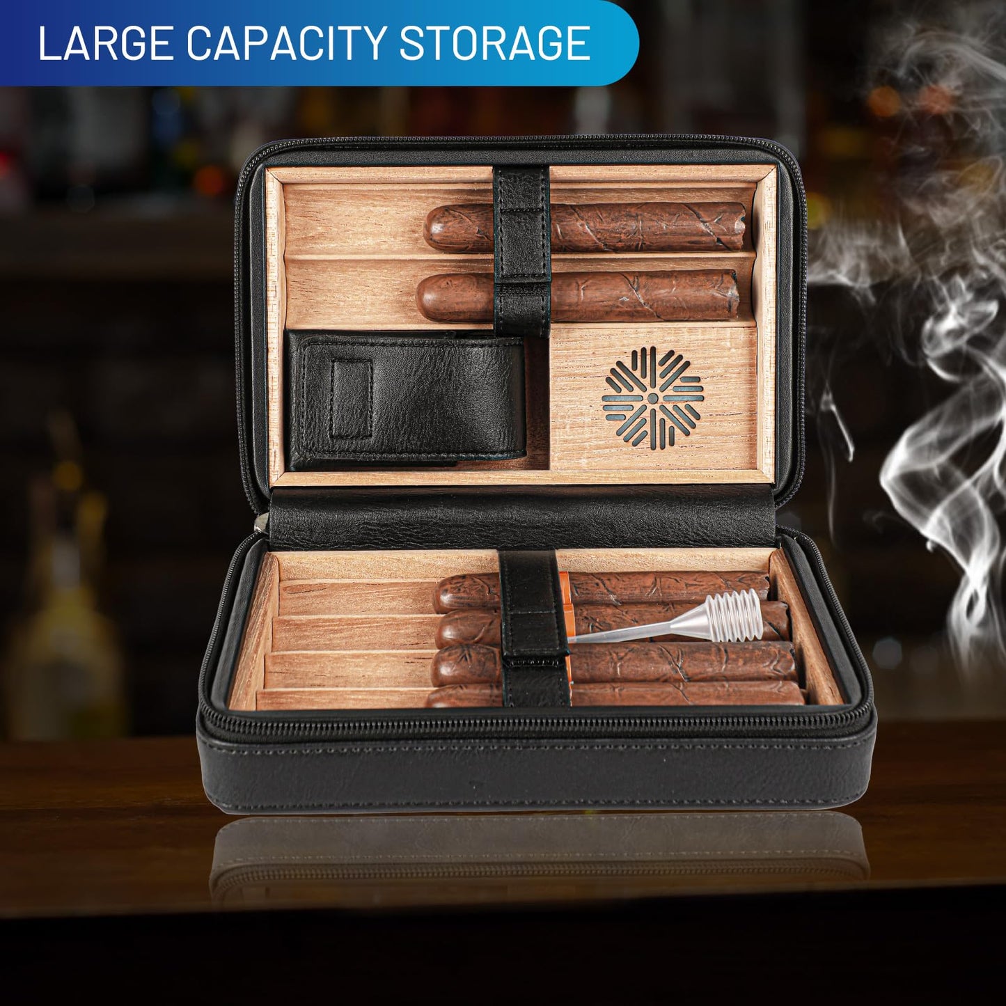 Portable leather cigar case with Spanish cedar interior and card storage. Perfect for business trips, birthdays, and Father's Day gifts. Includes cigar cutter and humidifier.
