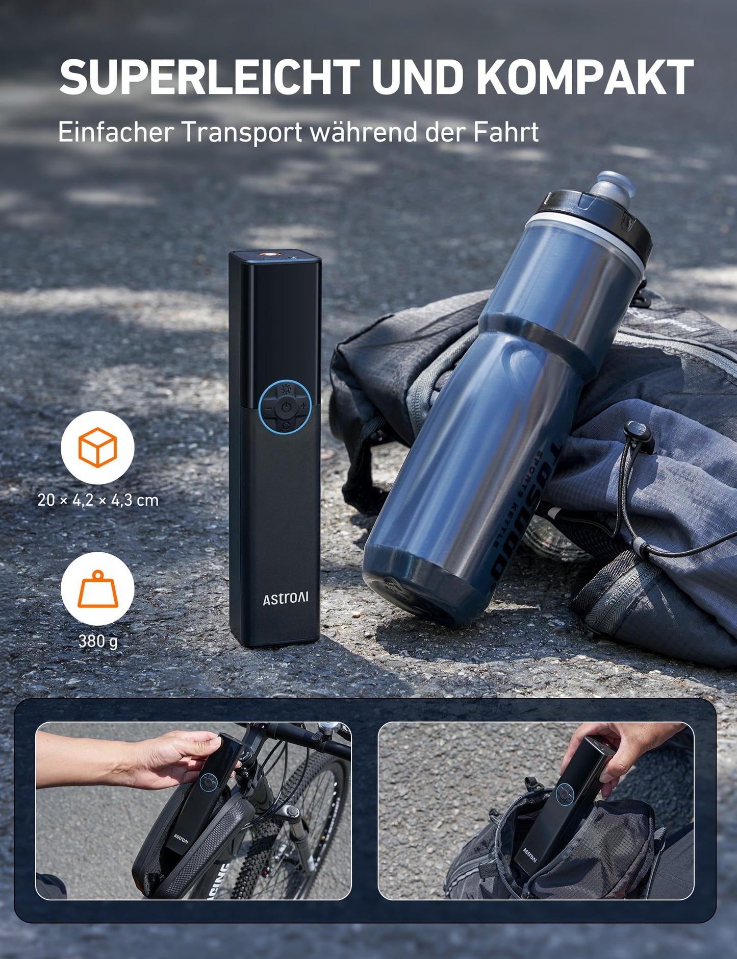 AstroAI Bike Pump Electric Air Pump, 150PSI Portable Battery Bike Pump for all valves, High-pressure motor designed for bikes, Rechargeable for city bikes, road bikes, mountain bikes, Blue