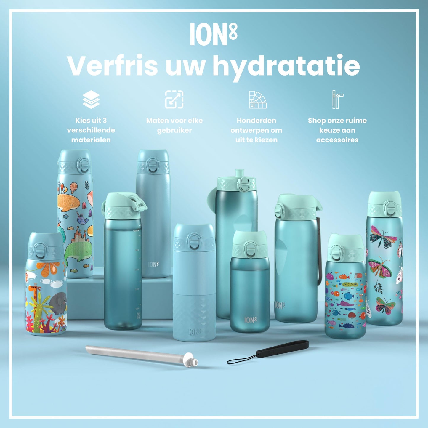 ION8 1 Liter Lightweight Stainless Steel Water Bottle, Non-Insulated, Leak-proof, One-handed opening, Secure locking, Dishwasher safe, Flip lid, Carry handle, Easy to clean, Alaskan Blue