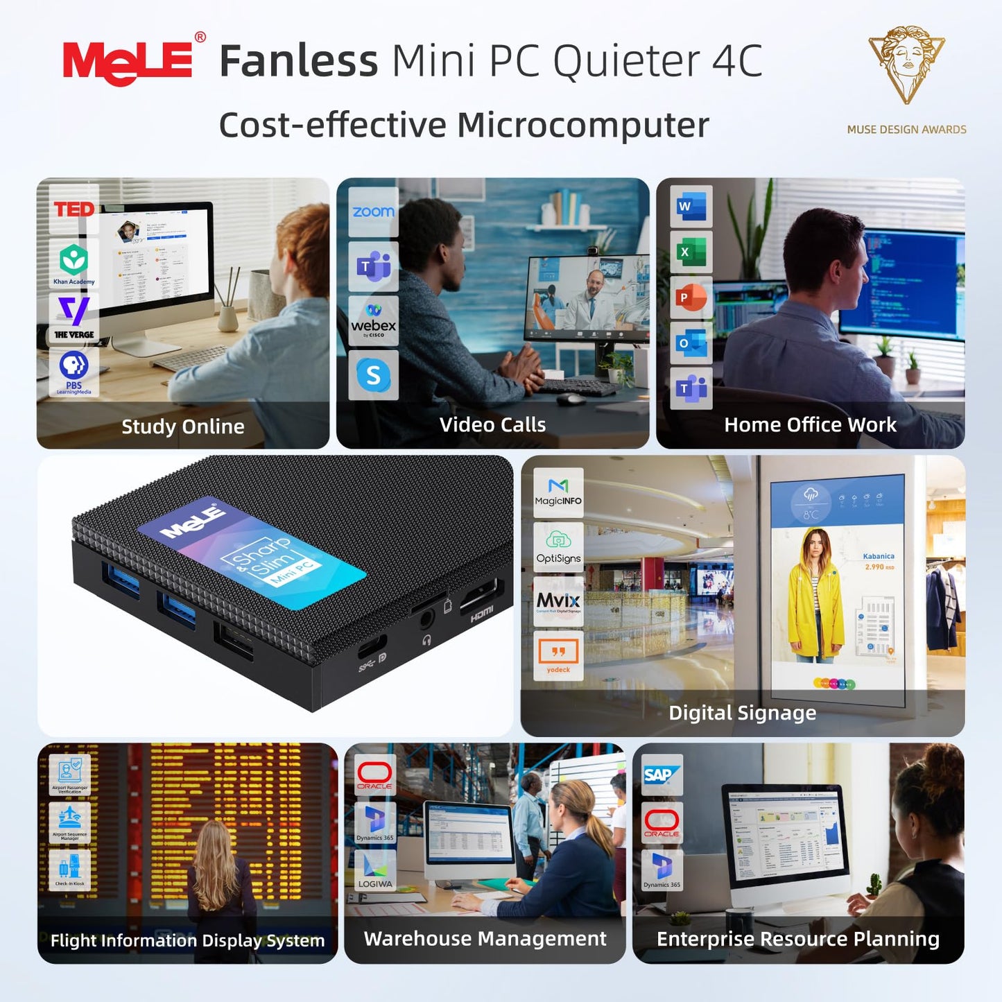 MeLE Quieter4C fanless mini PC featuring 12th Gen Alder Lake N100 CPU (up to 3.4GHz, 4C/4T), 8GB LPDDR4x RAM, 256GB storage, Windows 11 Pro, 4K triple-display support, dual HDMI, WiFi 5, BT5.1, and Ethernet.