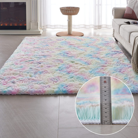 VOFUSHON Living Room High Pile Carpet, Shaggy Hallway Runner Modern Fluffy Soft Colorful Batik Carpet Large for Living Room Decor/Bedroom/Children's Room (Rainbow, 160 x 230 cm)