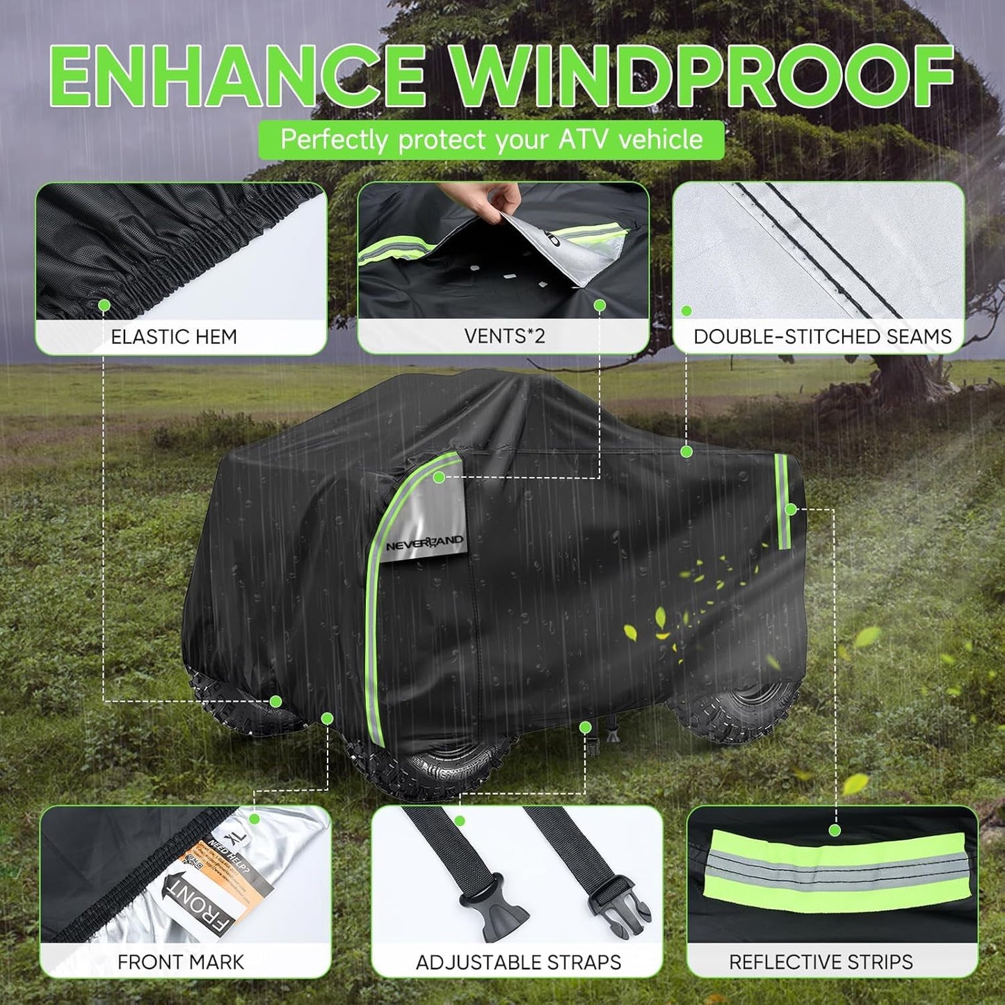 NEVERLAND XXXL Quad ATV Cover - Quad Vehicle Protection Cover 256*110*120cm Phosphorescent Dirt Repellent Winterproof Dustproof Rain UV Protection Black & Silver