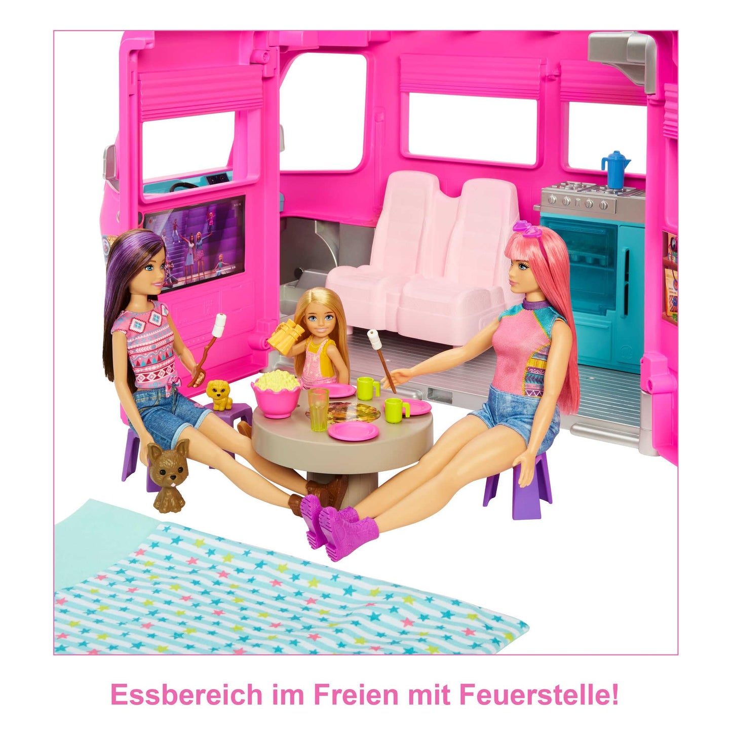 Barbie Super Adventure Camper Vehicle, with 7 play areas, including pool and slide, 60 camping accessories, doll, gift, suitable for ages 3 and up, HCD46.