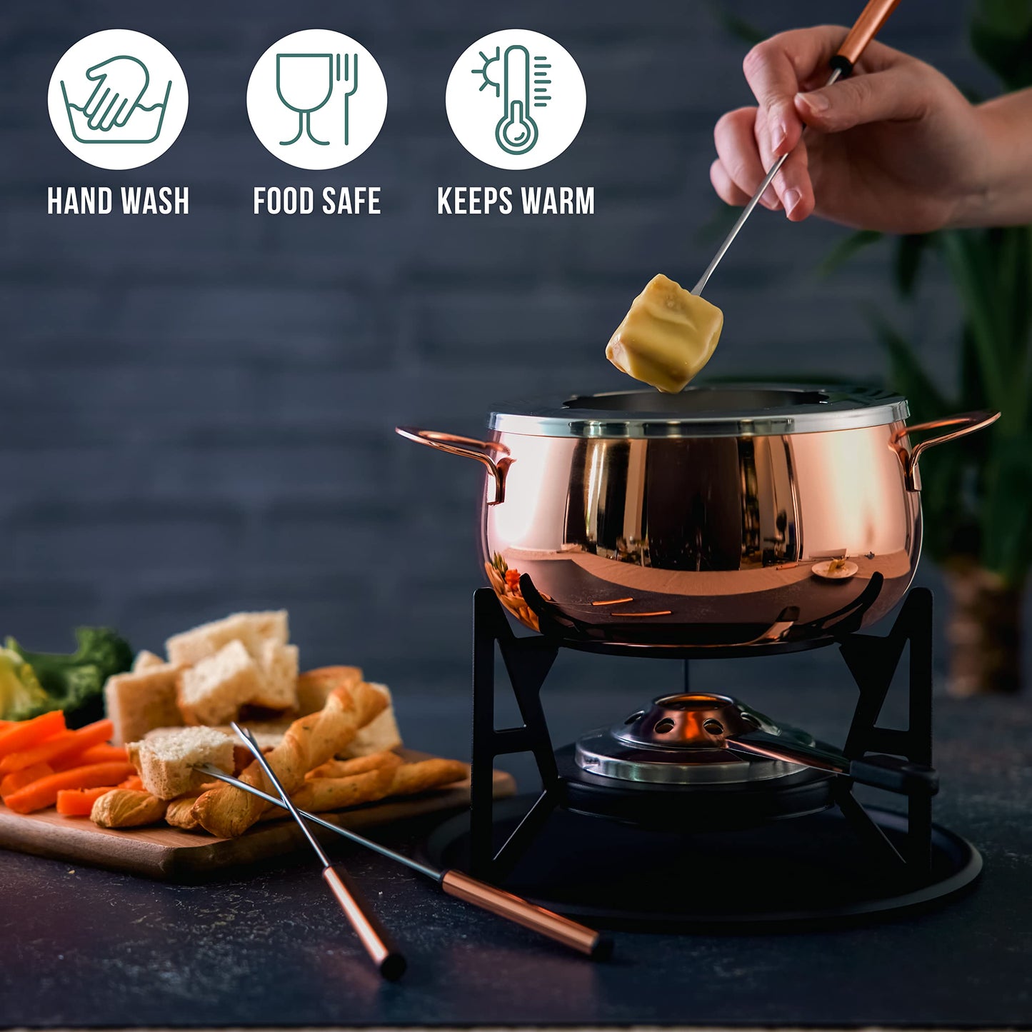 Oak & Steel - 10-piece Premium Stainless Steel Fondue Set for 6 people, Rose Gold/Copper - Chocolate, Cheese, Meat - Sturdy & Stylish - Gift Set for Valentine's Day/Birthday/Anniversary