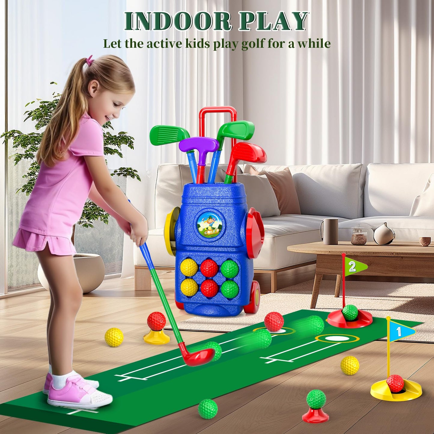 Doloowee Kids Golf Clubs, 2 in 1 Toddler Golf Set with Golf Board, Putting Mat, 6 Balls, Indoor Outdoor Sports Toy Birthday Gifts for Boys Girls 3 4 5 6 Years Old