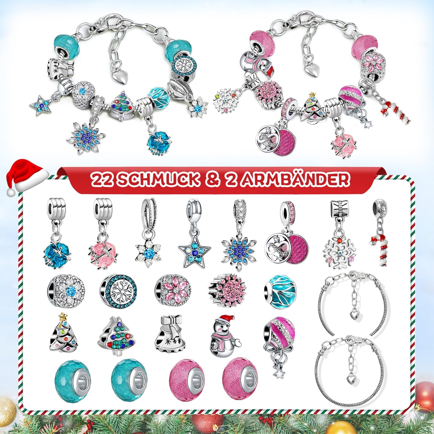 KAZATE Advent Calendar 2025 for Girls, Christmas Jewelry Calendar, 24 Fillings DIY Charms Bracelet Kit, Christmas Gift for Teenagers 6-12 Years, Blue Pink (Pink+Blue)