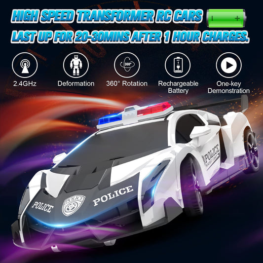 Remote control car, 2 in 1 transformer remote controlled robot kids car 360° rotation RC police car with battery, toy for 3 4 5 6 7 8 9 year old girls gifts games boy gift ideas.