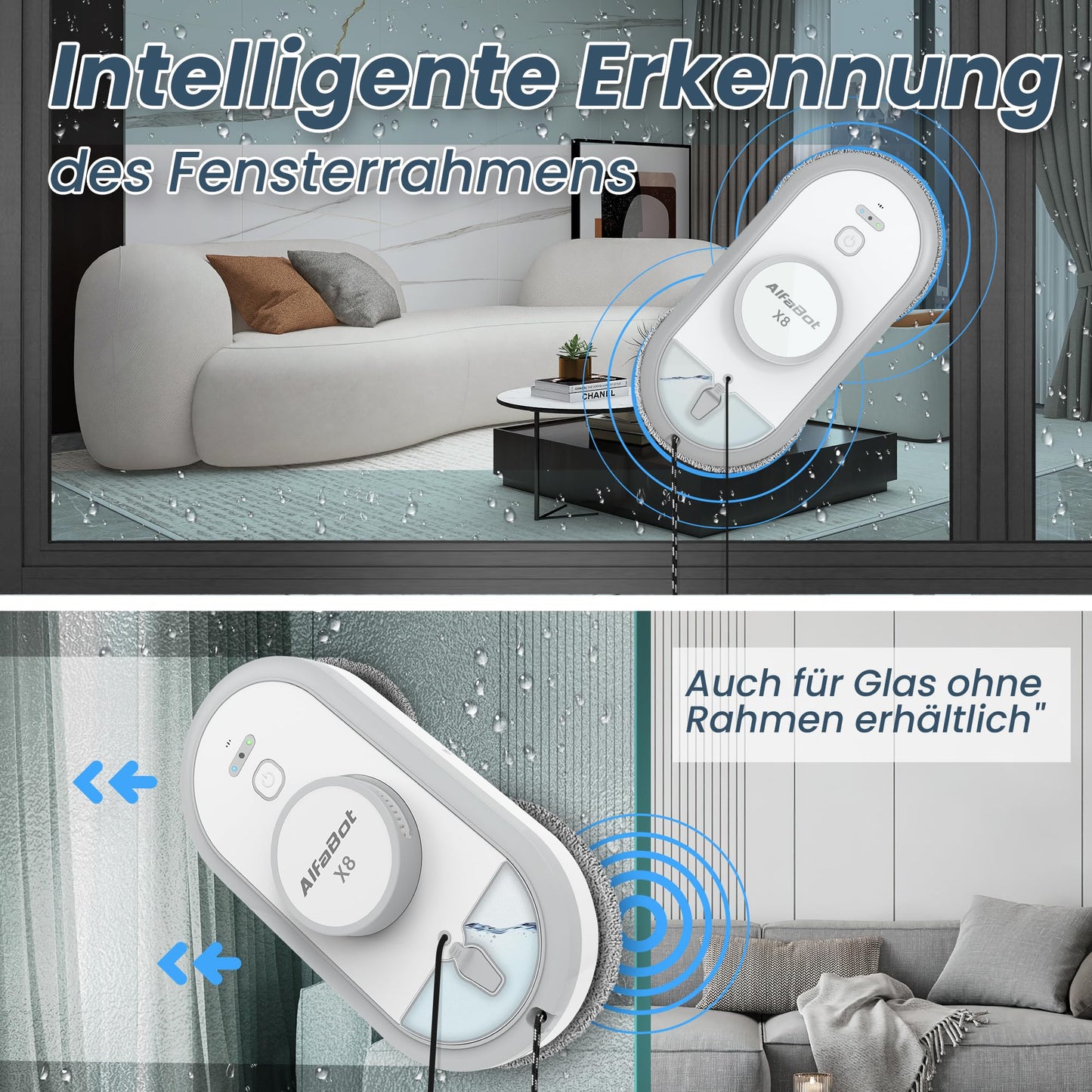 AlfaBot X8 window cleaning robot, electric window cleaner robot, glass cleaning robot with water spraying function in two directions, remote control, voice support in English, auto sprayer.