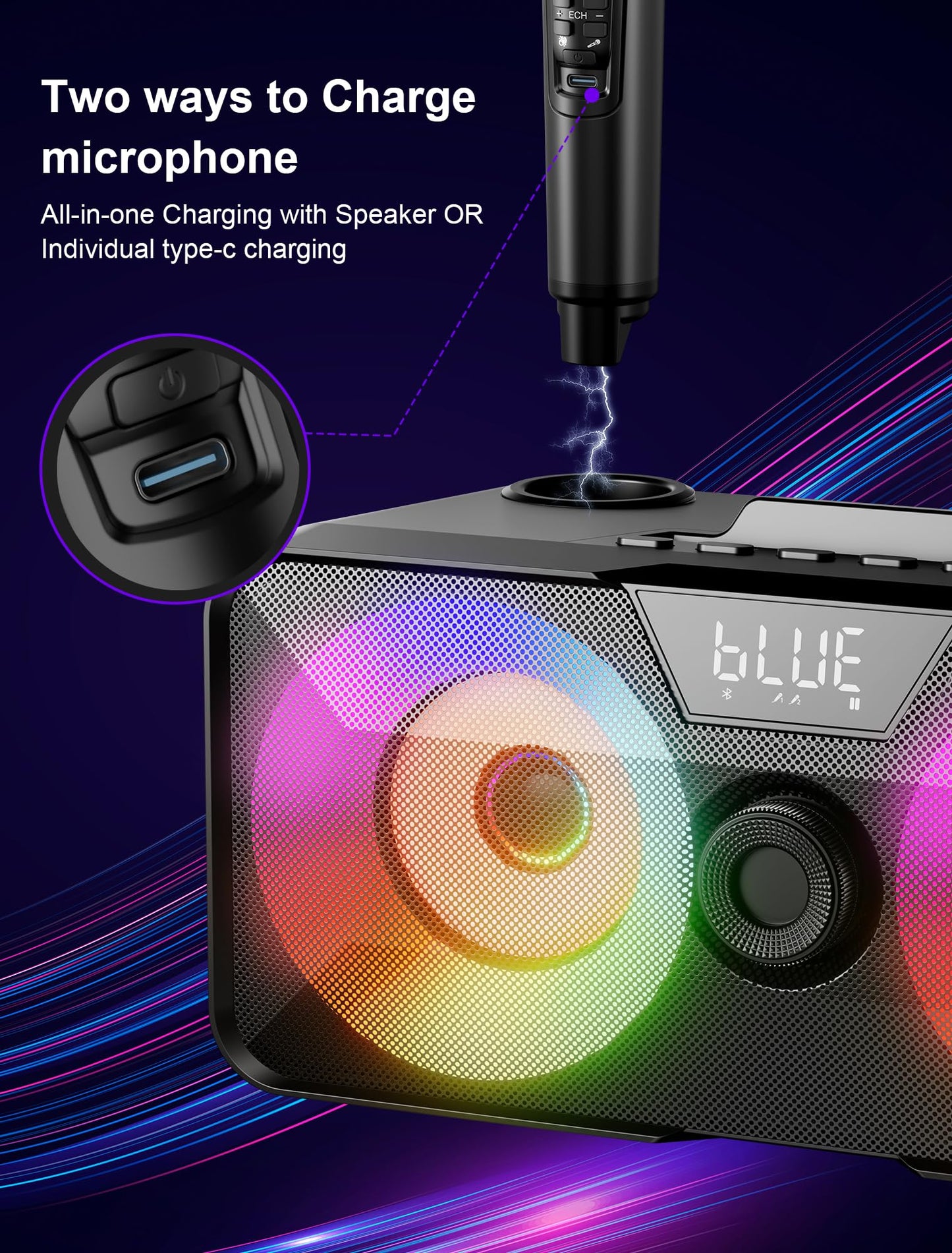 Karaoke machine for adults and kids with 2 wireless microphones, portable Bluetooth singing PA speaker system with LED lights for home parties, weddings, churches, birthday gifts.