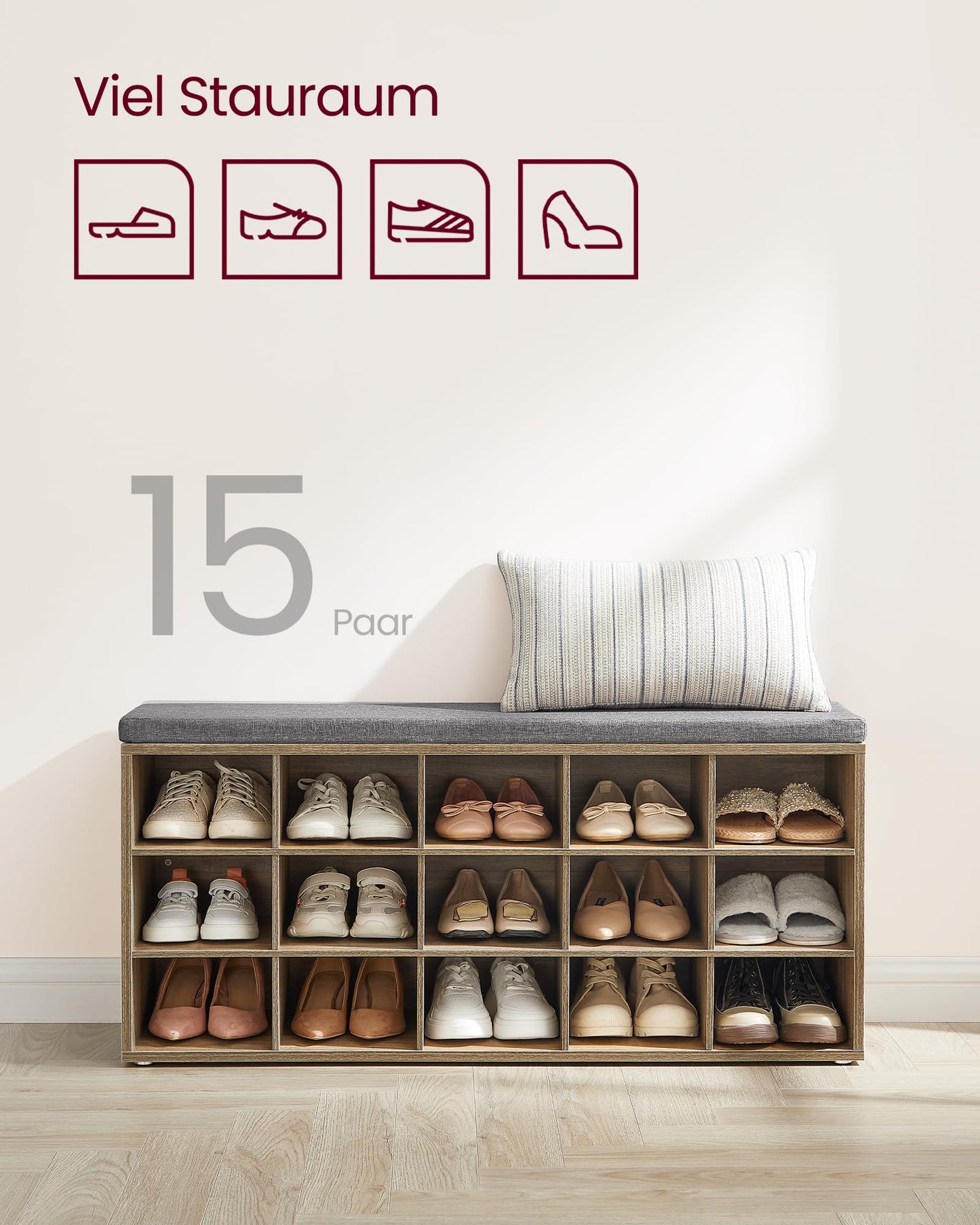 VASAGLE shoe bench, shoe rack with seat, bench with storage, cushion, 15 compartments, for living room, hallway, 30 x 105 x 48 cm, turquoise-brown-dove gray LHS015T60