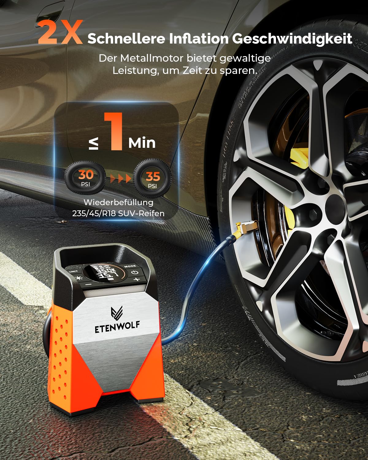 ETENWOLF ZEPHYR S3-7800mAh Electric Air Pump, 160 PSI/11.03Bar Portable Air Compressor for Car, Motorcycle, Bicycle, Balls. 1 Minute Quick Inflation, Digital LED Lights, USB Power Bank.