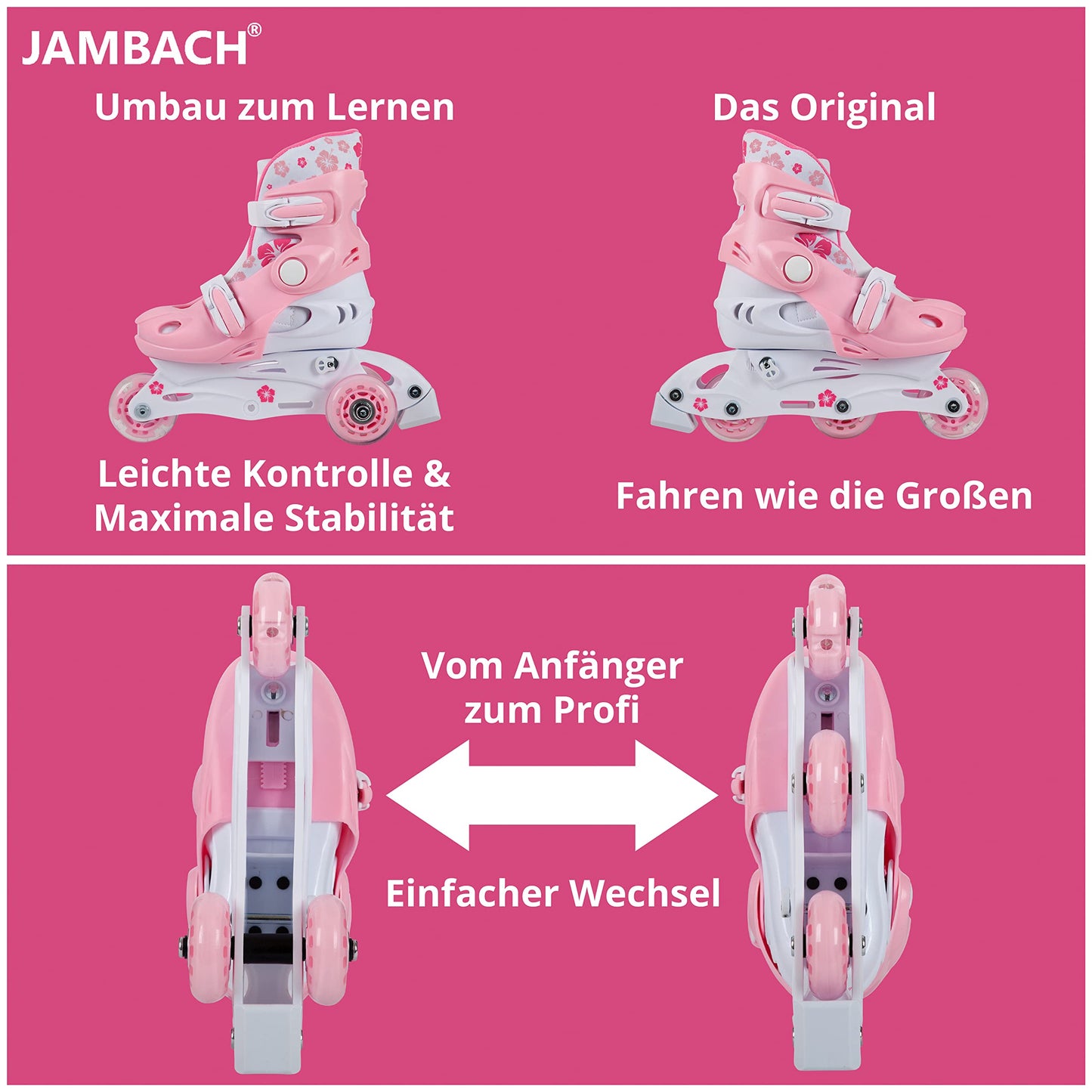 JAMBACH Children's Inline Skates with protective gear, adjustable to roller skates with LED lights (Pink-White, XS (26-29))