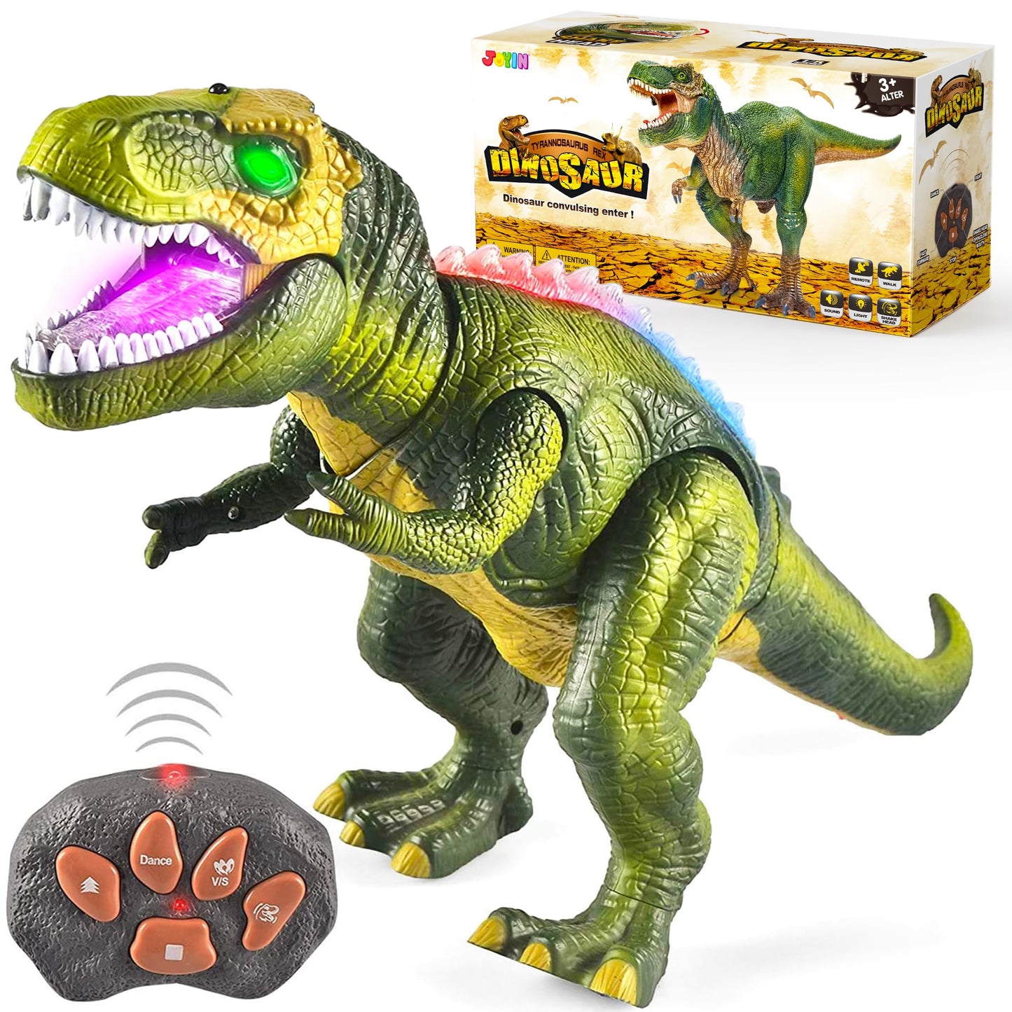 JOYIN Kids LED Remote Control Dinosaur Toy, Electronic T-Rex Dino Toy with Walking, Roaring, Light-up Eyes, and Head Shaking for Toddler Boys Girls.