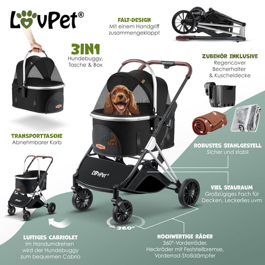 LOVPET® Dog Stroller 3in1 for dogs up to 20kg, dog crate, transport bag, foldable, collapsible, large wheels, mesh windows, rain cover, cup holder, cuddle blanket, cat stroller, jogger buggy for pets.
