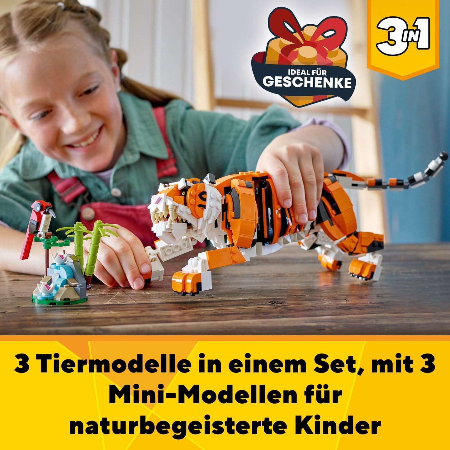 LEGO 31129 Creator Majestic Tiger, Panda, or Fish, 3-in-1 animal figure set, toy for kids, boys and girls, animal construction toy.