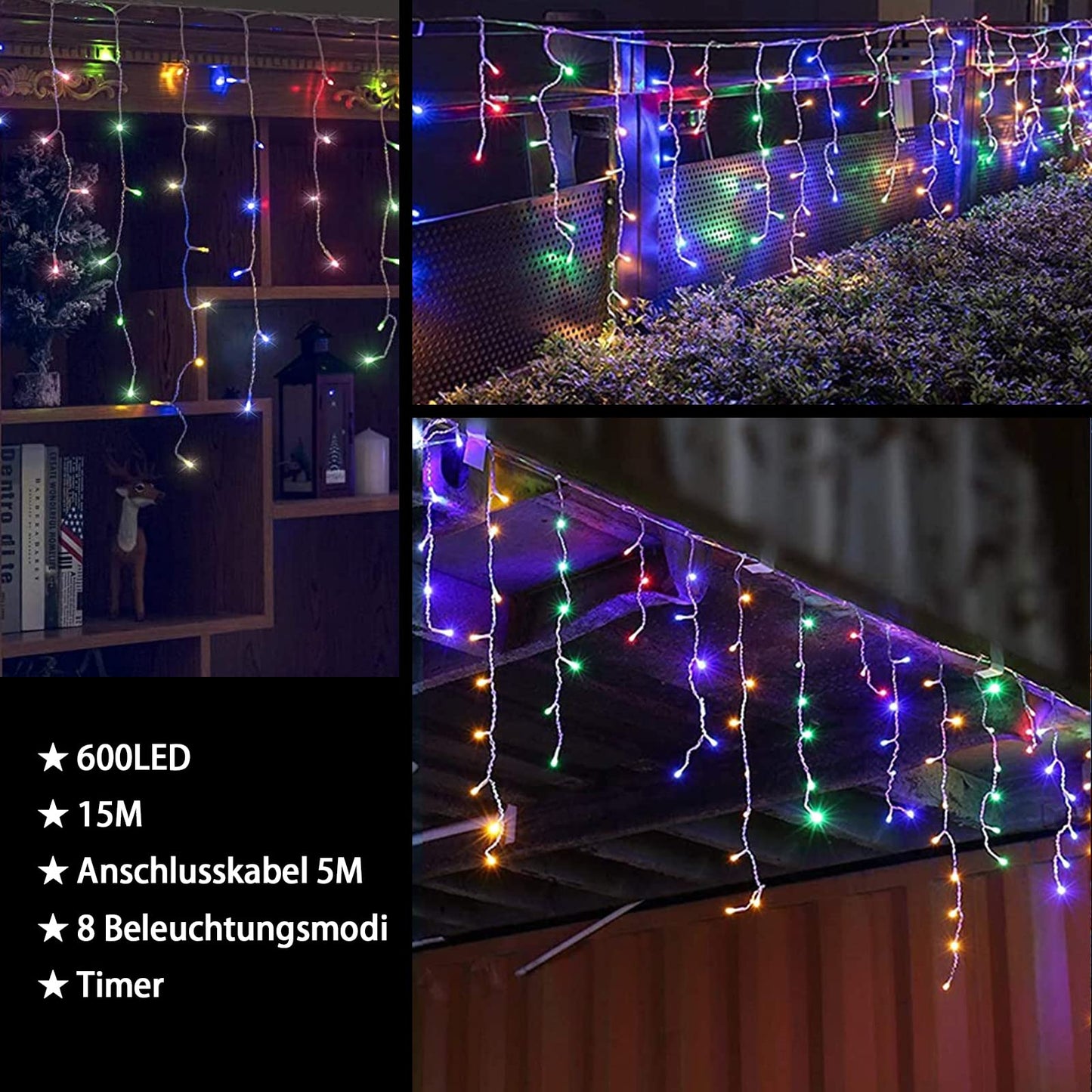 Outdoor icicle light string, 15m 600 LED light curtain with timer, IP44 waterproof, 8 modes for indoor and outdoor Christmas, bedroom, party, wedding, balcony, garden decoration.