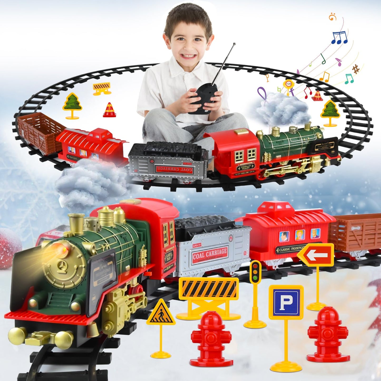 Ulikey Electric Train for Kids, Remote Control Steam Train Toy with Light and Sound, Christmas Train around the Tree, Christmas Steam Locomotive Gift for Kids aged 3 years and up.
