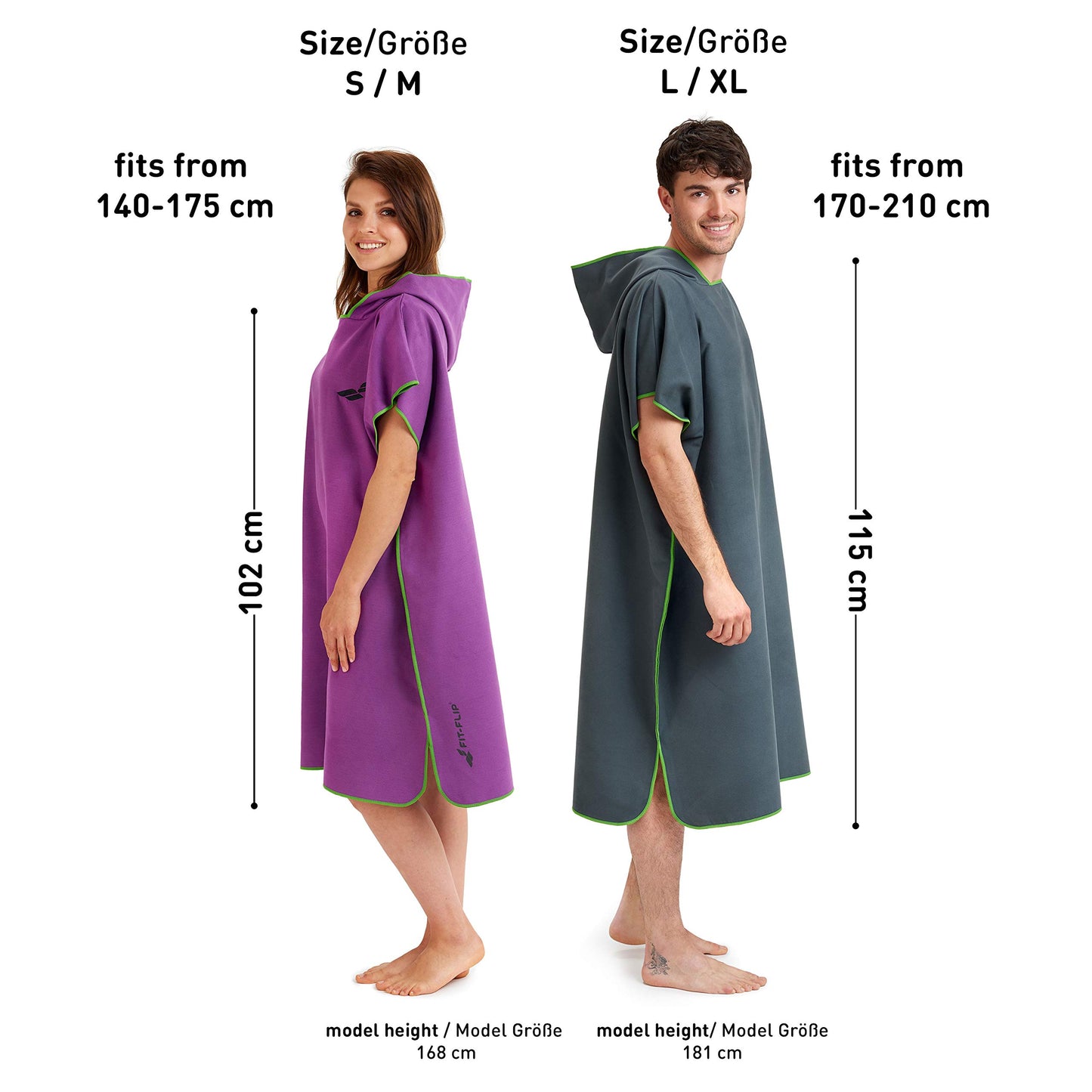 Fit-Flip Surf Poncho Microfiber - Changing Robe for Beach - Adult Beach Towel - Quick Dry Bathrobe - Surfing Beach Poncho - Ultralight Surf Ponchos (Size M, Dark Gray/Green)
