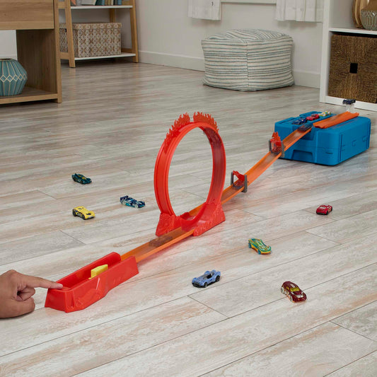 Hot Wheels track set, fire-themed track set with one Hot Wheels vehicle, 16 track and stunt components in stackable toy storage box, HMC04.
