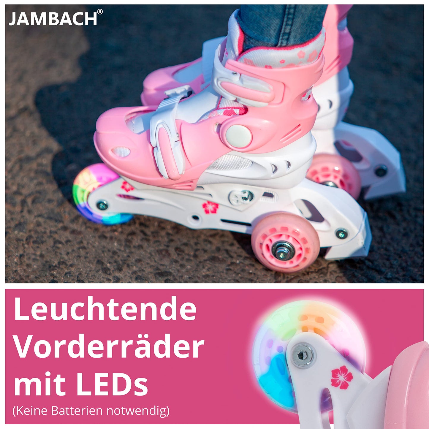 JAMBACH Children's Inline Skates with protective gear, adjustable to roller skates with LED lights (Pink-White, XS (26-29))