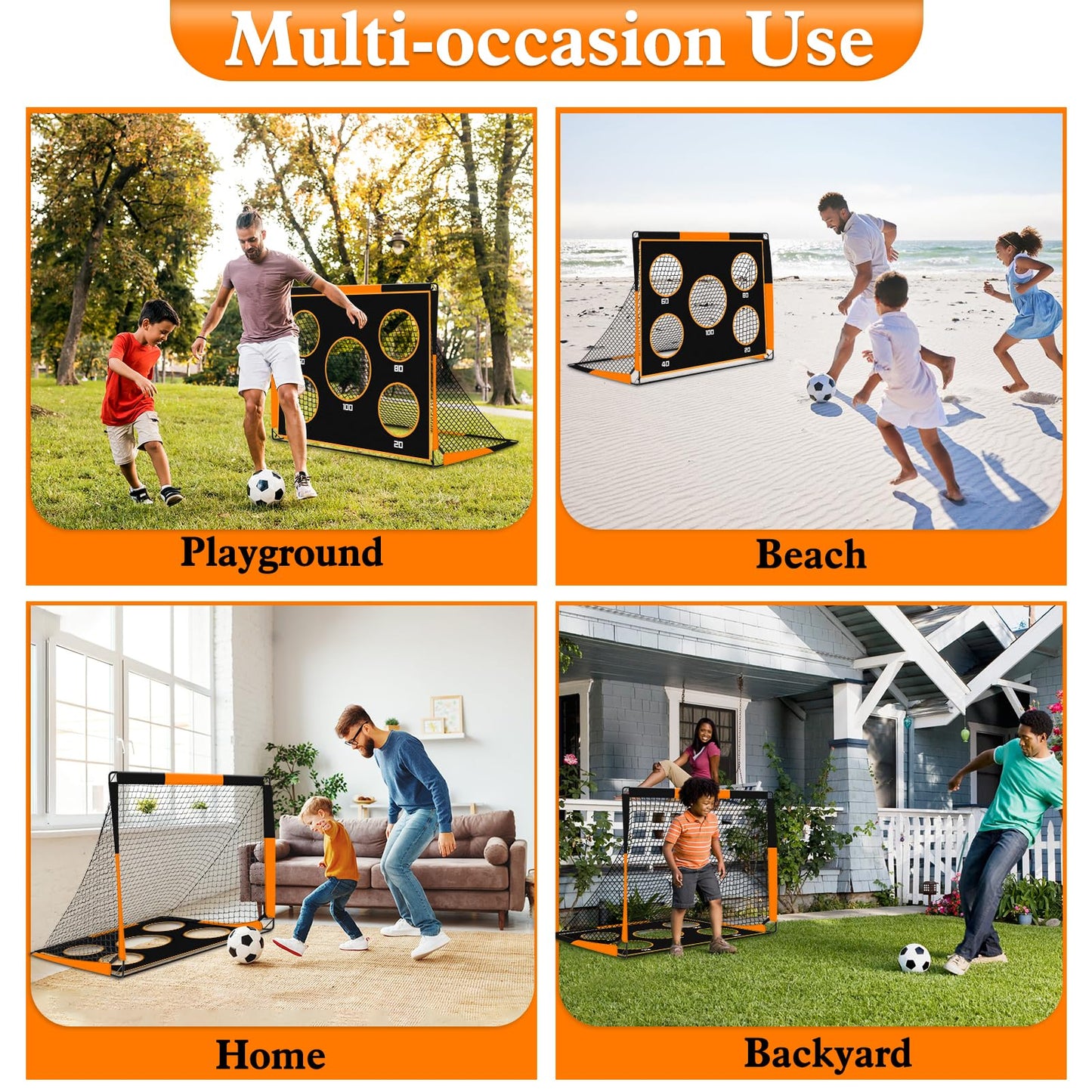 Gofady 2-in-1 Soccer Goal for Kids - Portable & Durable Soccer Goal with 5 Target Areas, Foldable Design, Carrying Bag, Garden, Park, Beach (Orange, 150 * 120 * 120cm)