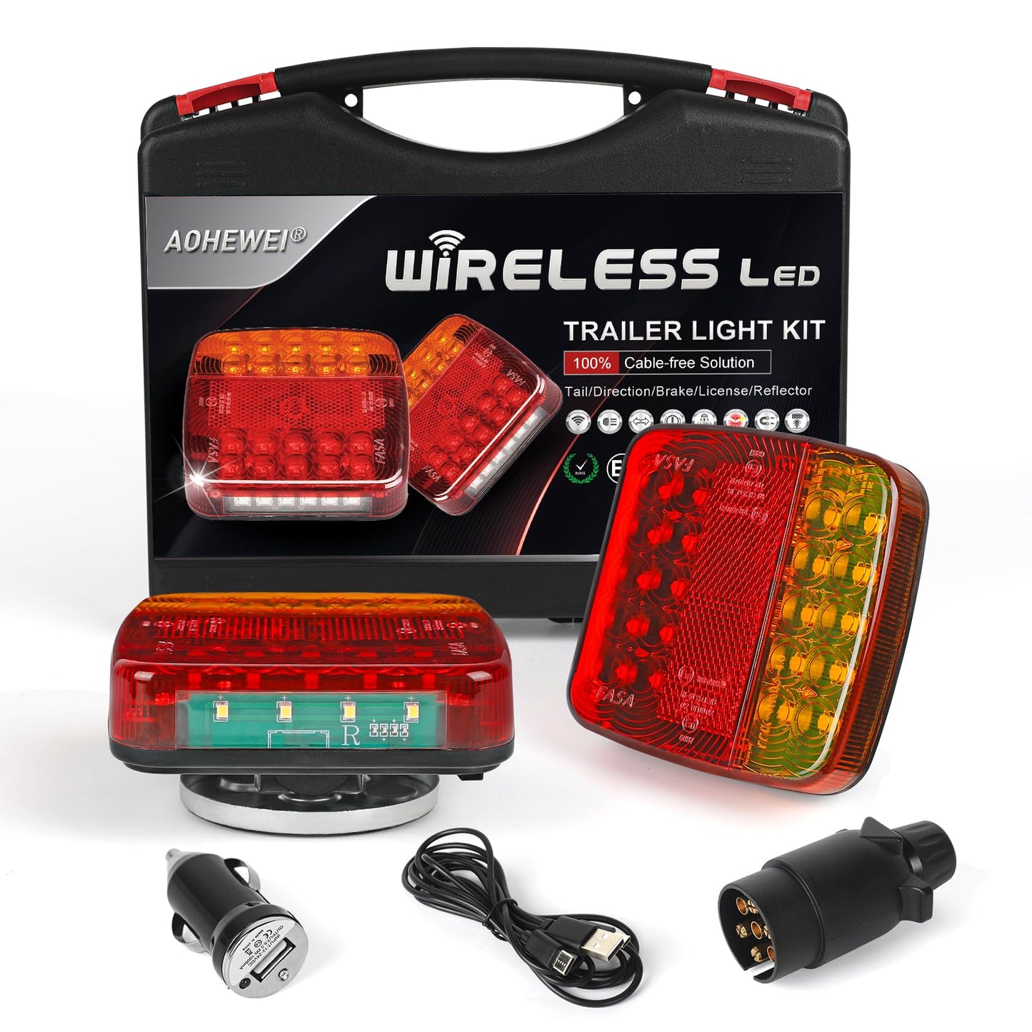 AOHEWEI Wireless Lighting LED Set, magnetic trailer taillights wireless 12V, truck rear ECE EMC certified for trailers, trucks, caravans or trucks.