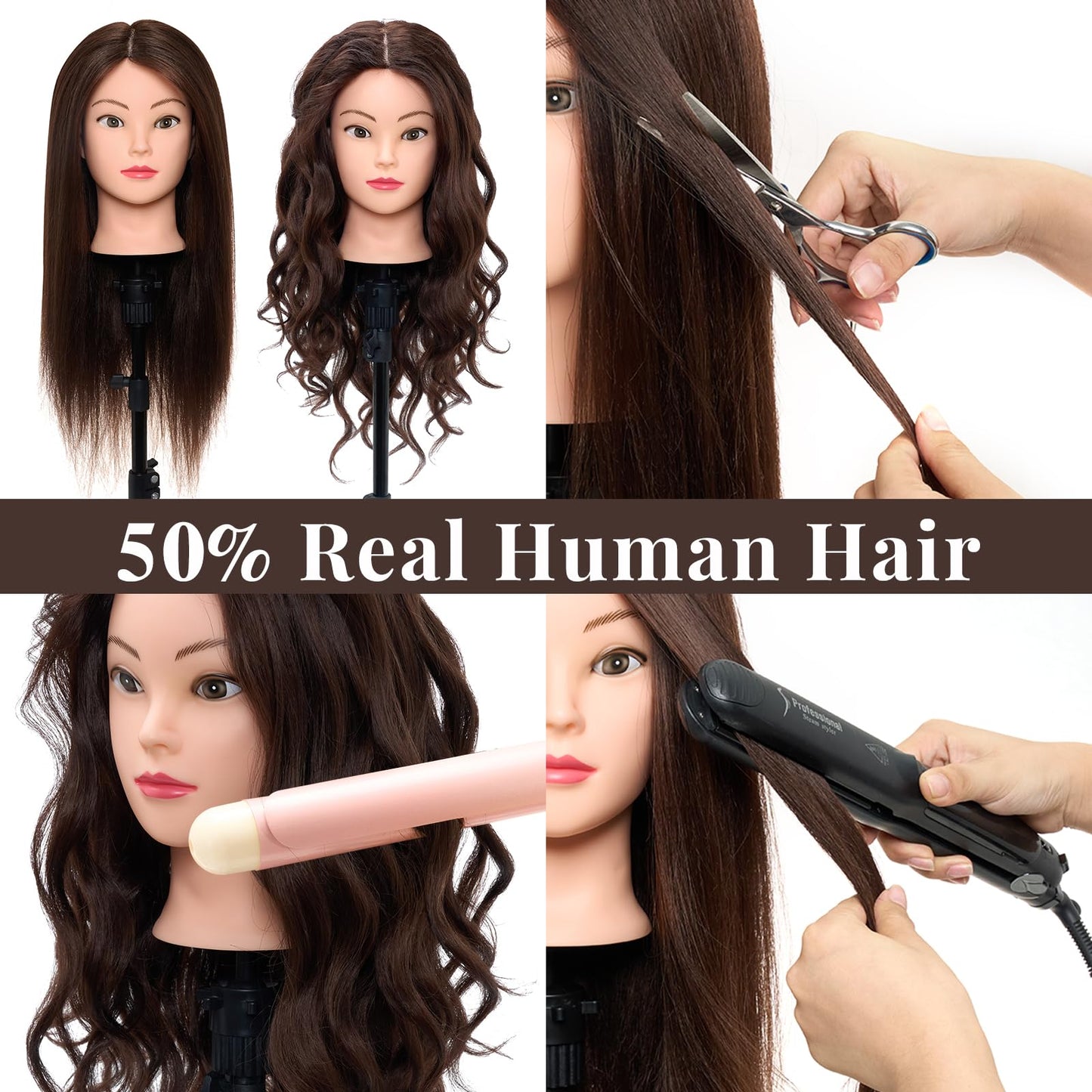 Neverland Practice Head Mannequin Head 22 inches 50% Real Hair Cosmetology Mannequin Head Practice for Hairdressers Cutting & Styling with Clamp + DIY Braid Set