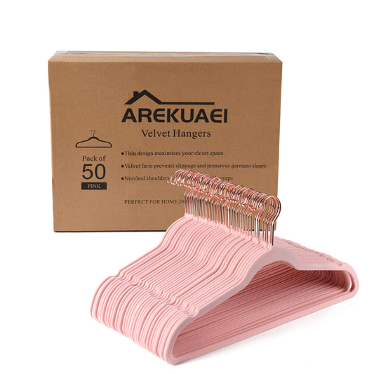 Arekuaei pink velvet hangers, durable, non-slip, space-saving hangers, copper/rose gold, 50 pieces