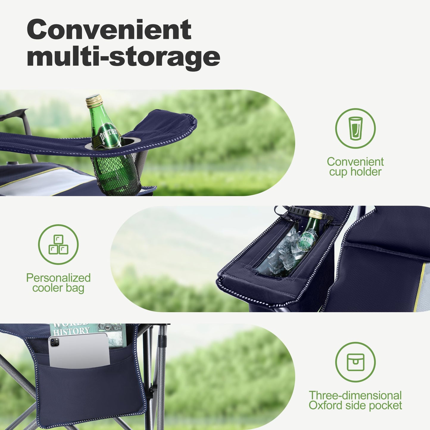LET'S CAMP Folding camping chair with oversized fishing chair, drink holders, cooler bag. Outdoor chair up to 200kg.