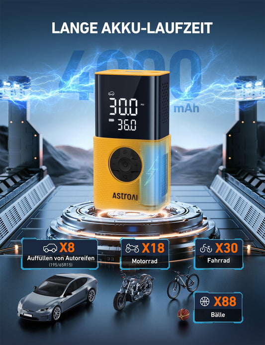 AstroAI Cordless Electric Air Pump, Portable Battery Bike Pump with all valves, LED light, Rechargeable Tire Inflator for bike, e-bike, car, motorcycle, balls, Yellow