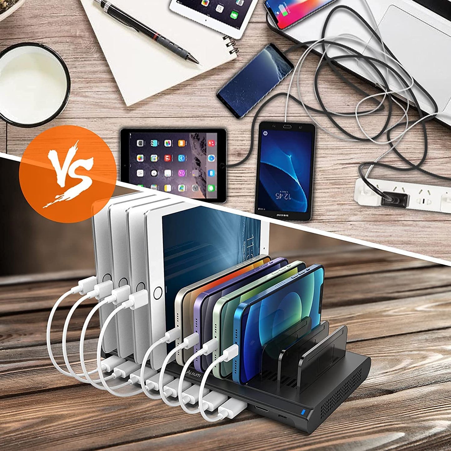 Alxum 120W USB Multi Mobile Charging Station with QC 3.0 Fast Charge & Type C Phone Charging Dock with 10 Ports and removable dividers (Black)