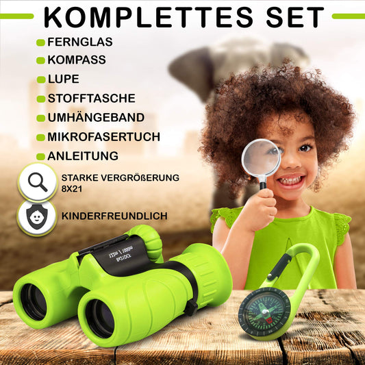 Binoculars for Kids - Perfect gift for boys and girls - Powerful magnification 8X21 - Comprehensive set including magnifying glass & compass - Toy for children aged 3-12 years