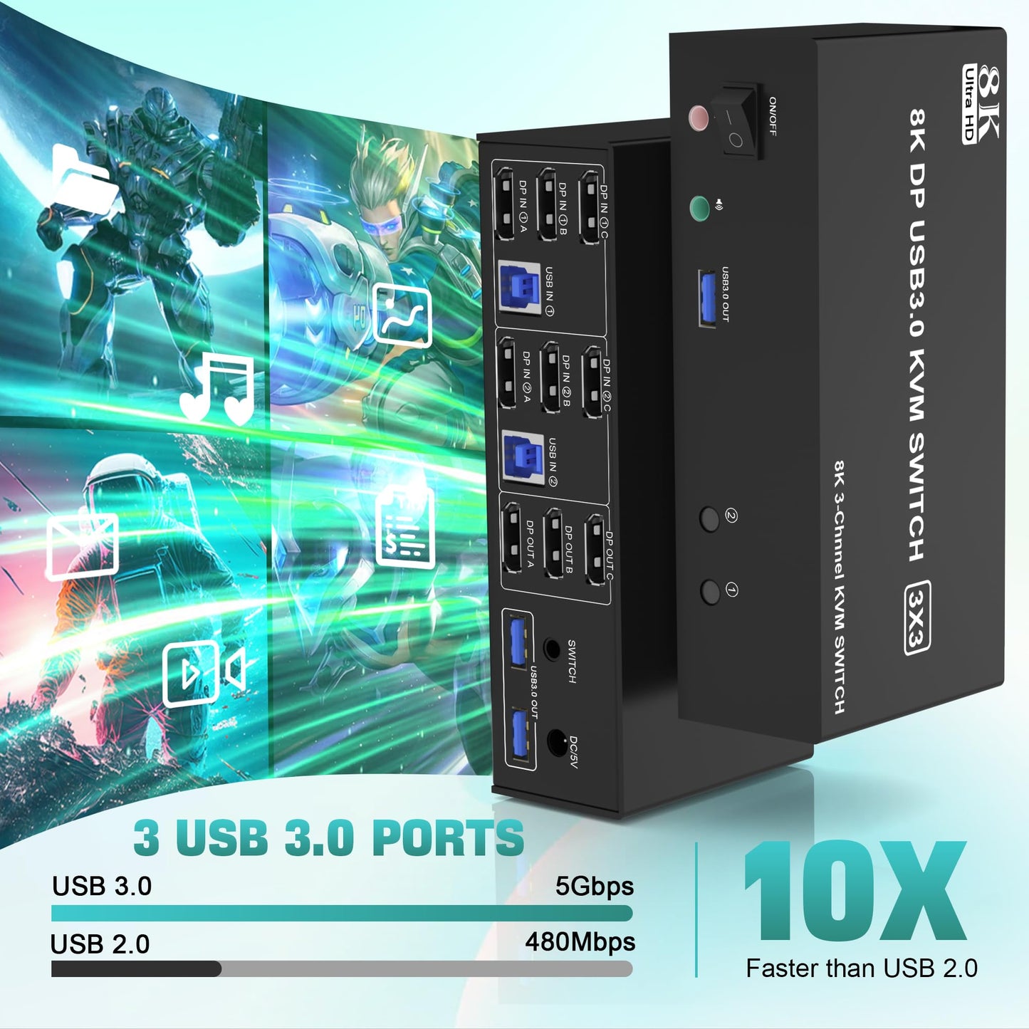 8K DisplayPort triple monitor KVM switch 8K@60Hz 4K@144Hz, DP 1.4 USB 3.0 KVM switch for 2 PCs and 3 monitors. Includes audio and microphone output, as well as 3 USB 3.0 ports. Ideal for multi-monitor setups.