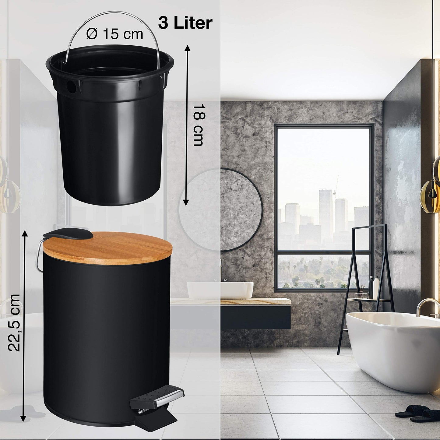 VMbathrooms 3L cosmetic bin in chic black design | Step trash can with soft close lid | Elegant bin for the bathroom with inner container and bamboo wood lid