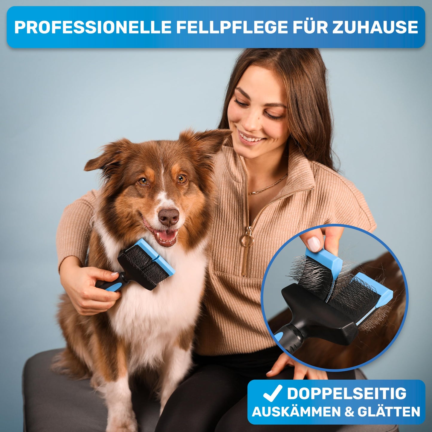 BluePet Grooming Tool Pro Professional Dog Brush Long Hair, Flexible De-shedding Brush for Dogs & Cats I Gently Removes Undercoat, Tangles & Knots (Double Head Blue)