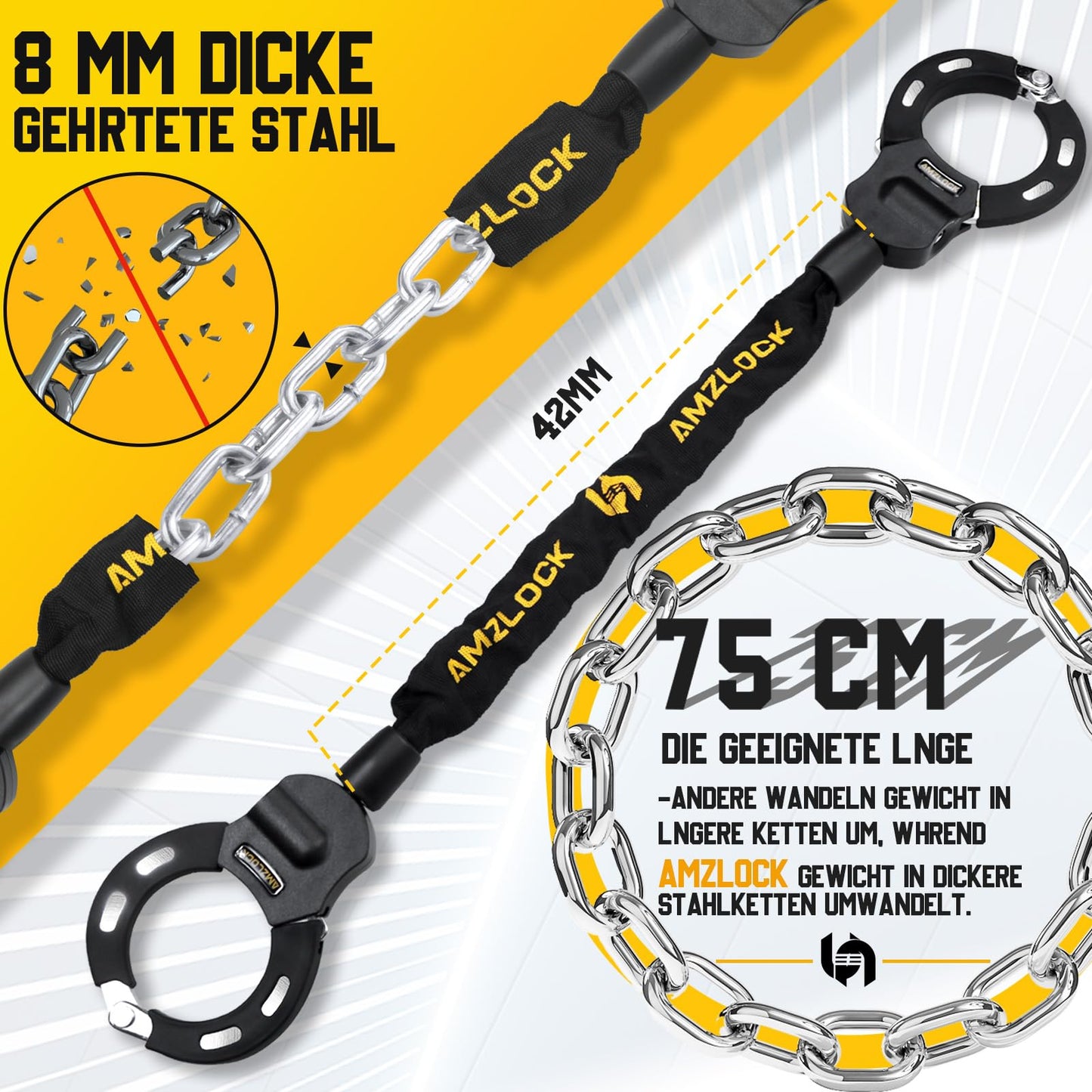 AMZLOCK E-Scooter lock with bag, handcuff lock for E-Scooters, 8mm thick chain lock