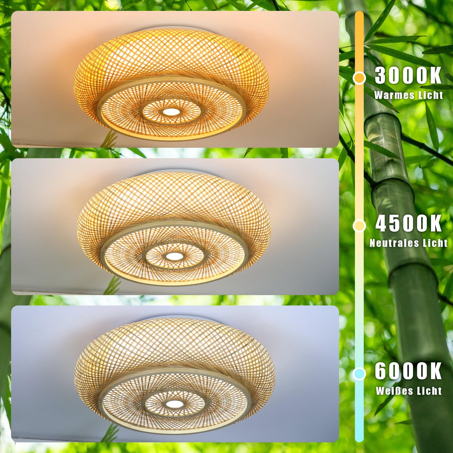 Bamboo LED ceiling light with remote control, dimmable handwoven natural wood lamp. Retro rattan design, 50W, round shape for bedroom, living room, hallway, 50cm.