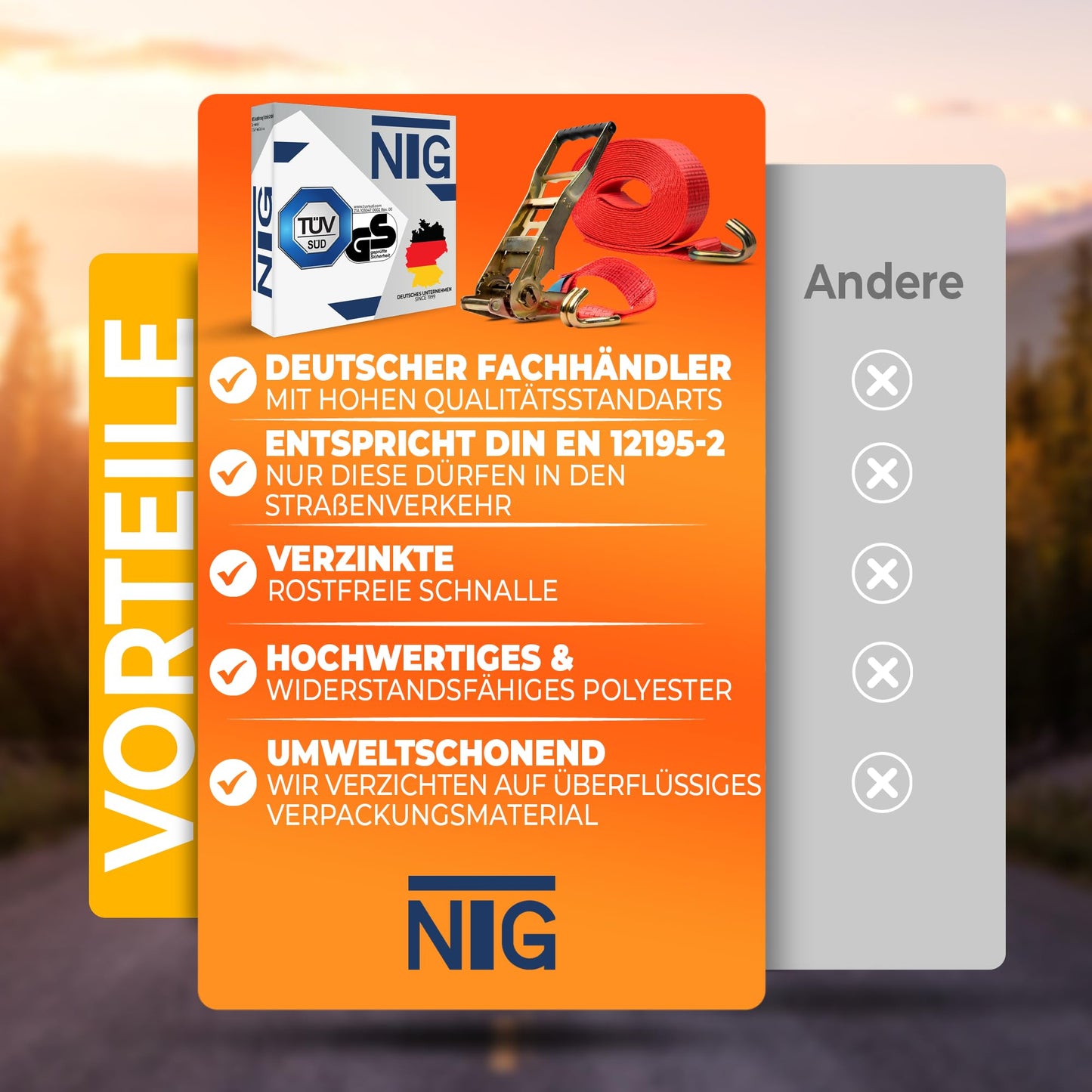 2 pieces of 5000kg 10m ratchet straps with ergo ratchet and hook, 2-part lashing strap for trucks, 50mm TÜV/GS approved.