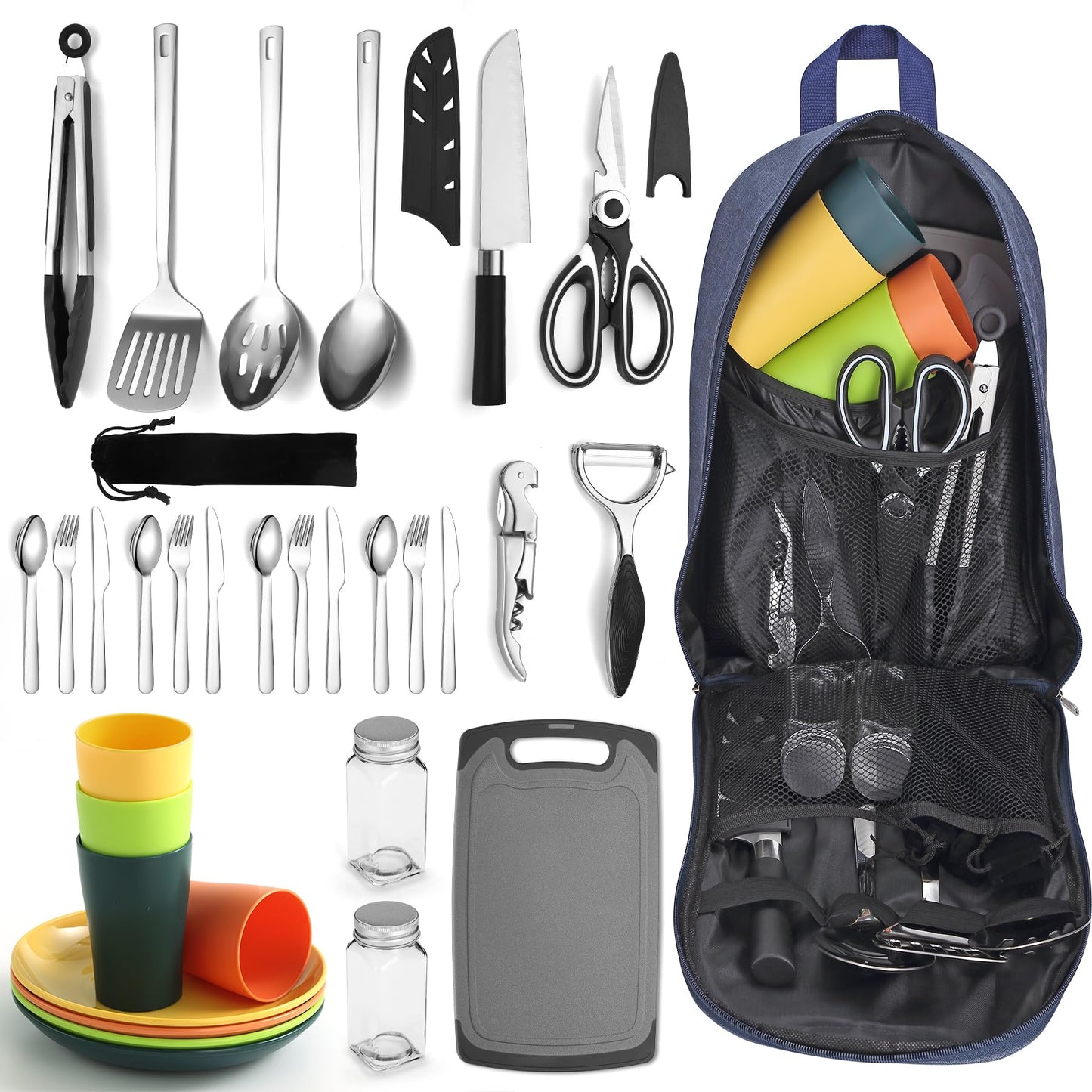 Mountain Country Camping Essentials, camping cookware set, camping gear equipment must-haves, come with camping cutlery sets, plates, and cups, perfect for outdoor cooking, picnic, grilling.