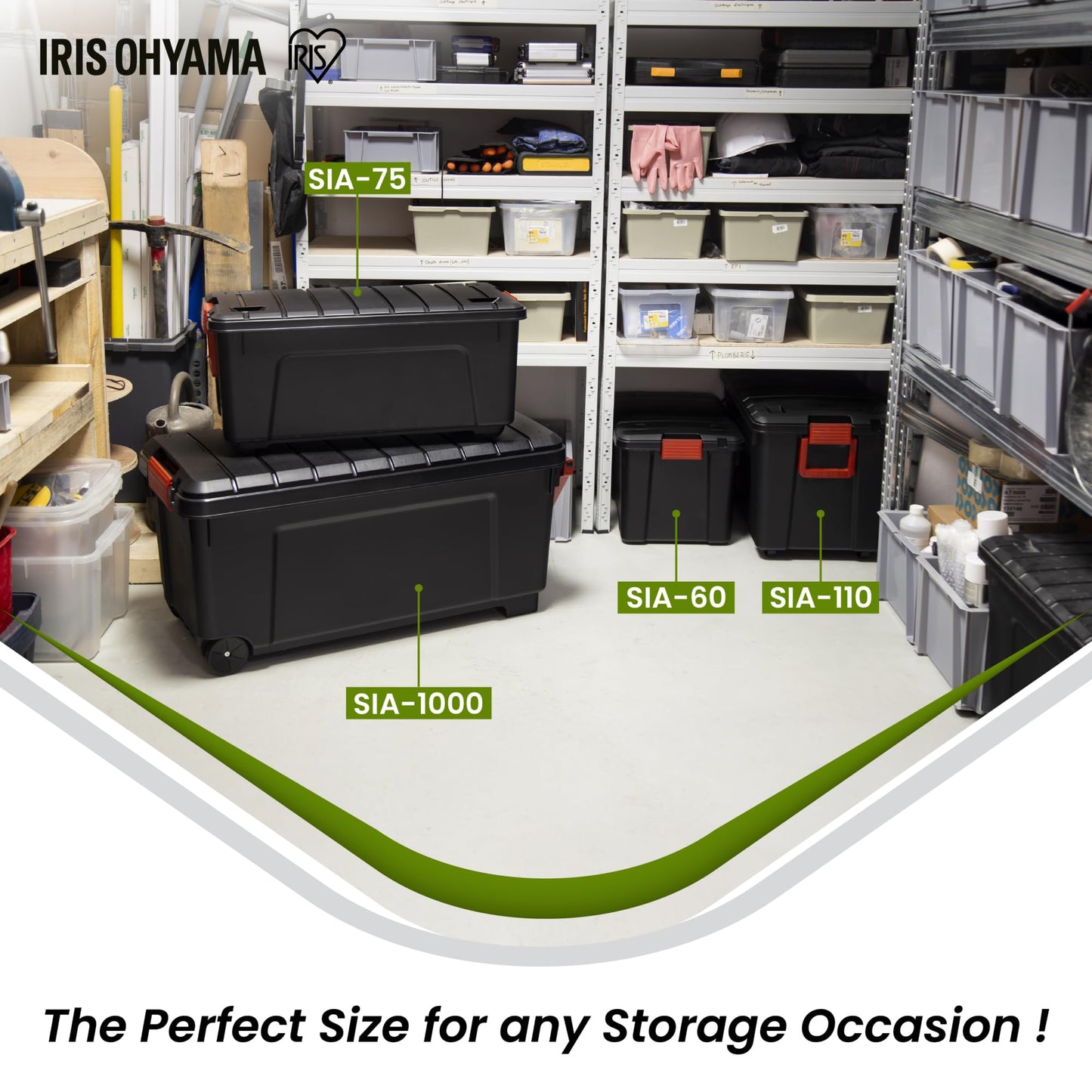 Iris Ohyama, Large Plastic Storage Box, 75L Garage Storage Box, Set of 3, SIA-75, Black, Stackable, Snap Locks - W78 x D39.5 x H35 cm