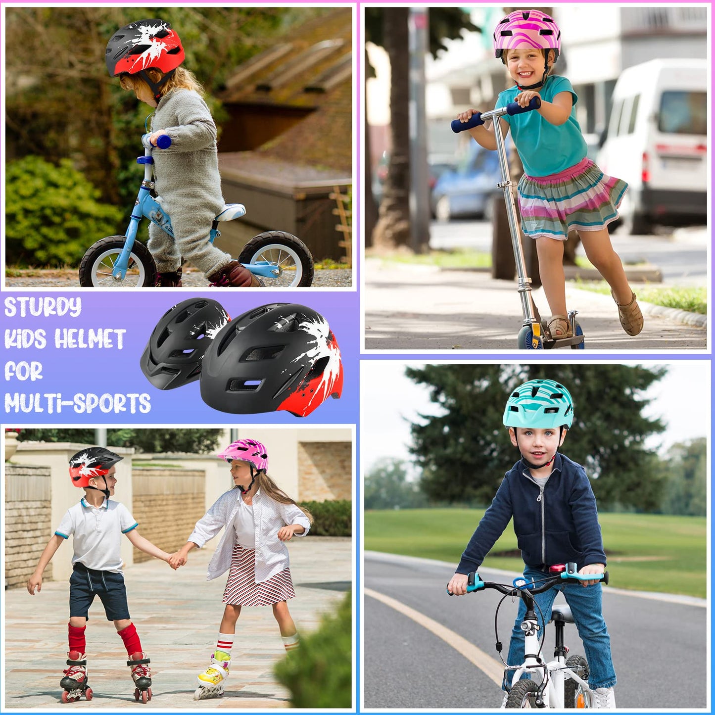 RaMokey Kids Bike Helmet, Bike Helmet with Light for Kids, Lightweight Kids Helmet with Adjustable Dial for Girls and Boys 50-56CM (ages 5-14) (Black+Red)