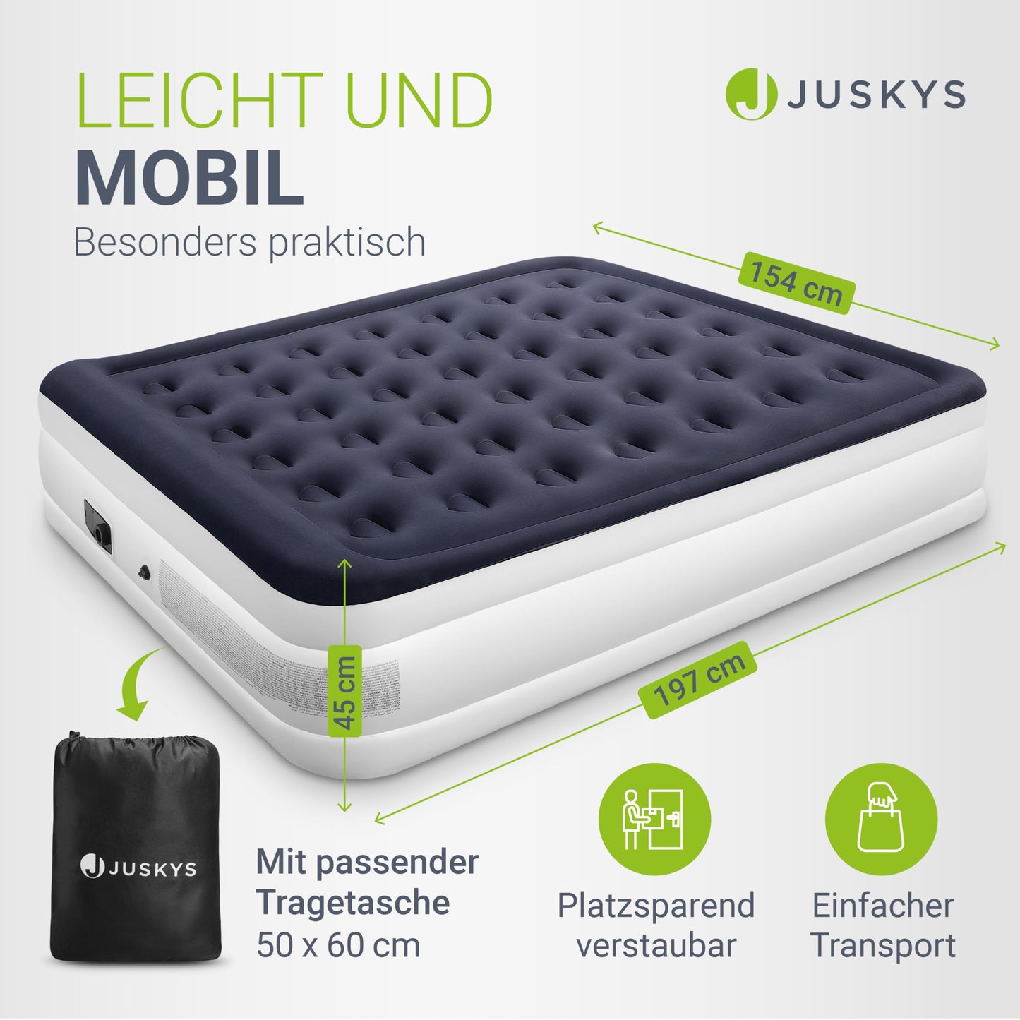 Juskys self-inflating air mattress 150x200cm - air bed for 2 people with built-in air pump - ideal as a guest bed or camping mattress - waterproof