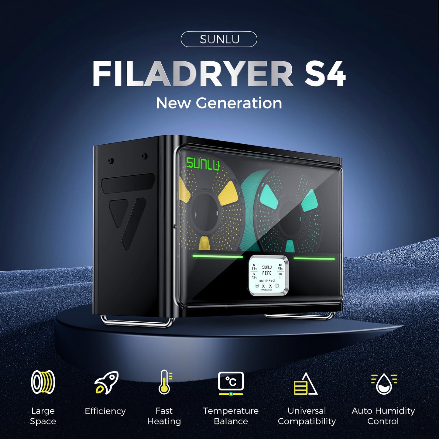 SUNLU Official Filament Dryer Box S4, 2025 Newest 4-Spool 3D Printer Filament Dryer, Upgraded 3 Circulating Fans/Auto Moisture Control/Fast Heating/Temperature Equalization, Black