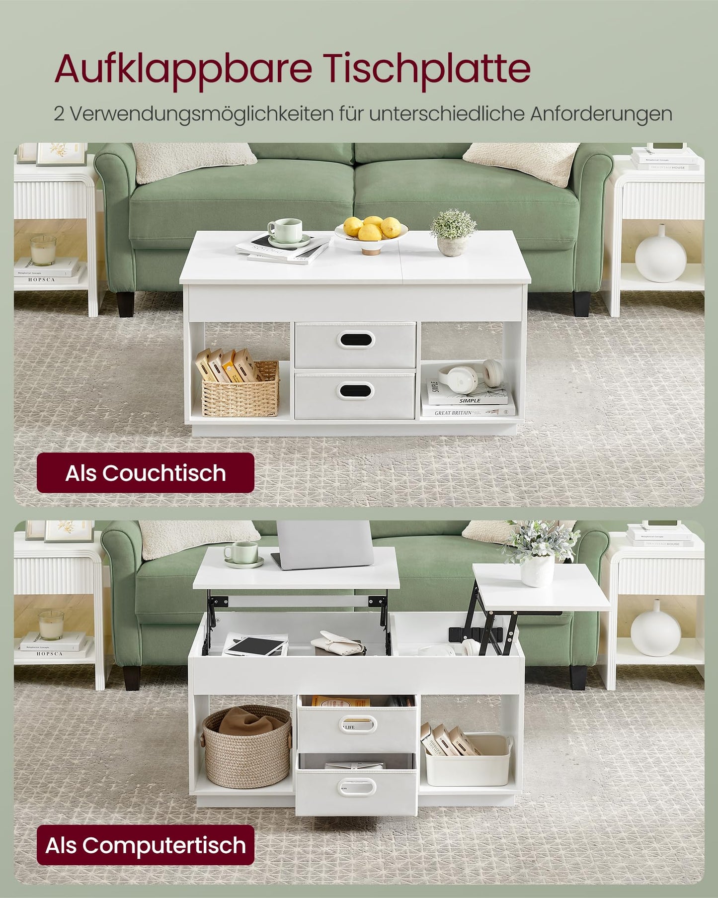 VASAGLE coffee table, adjustable in height, 2 drawers and hidden compartments, open storage shelves, for living room, home office, snow white LCT210W01