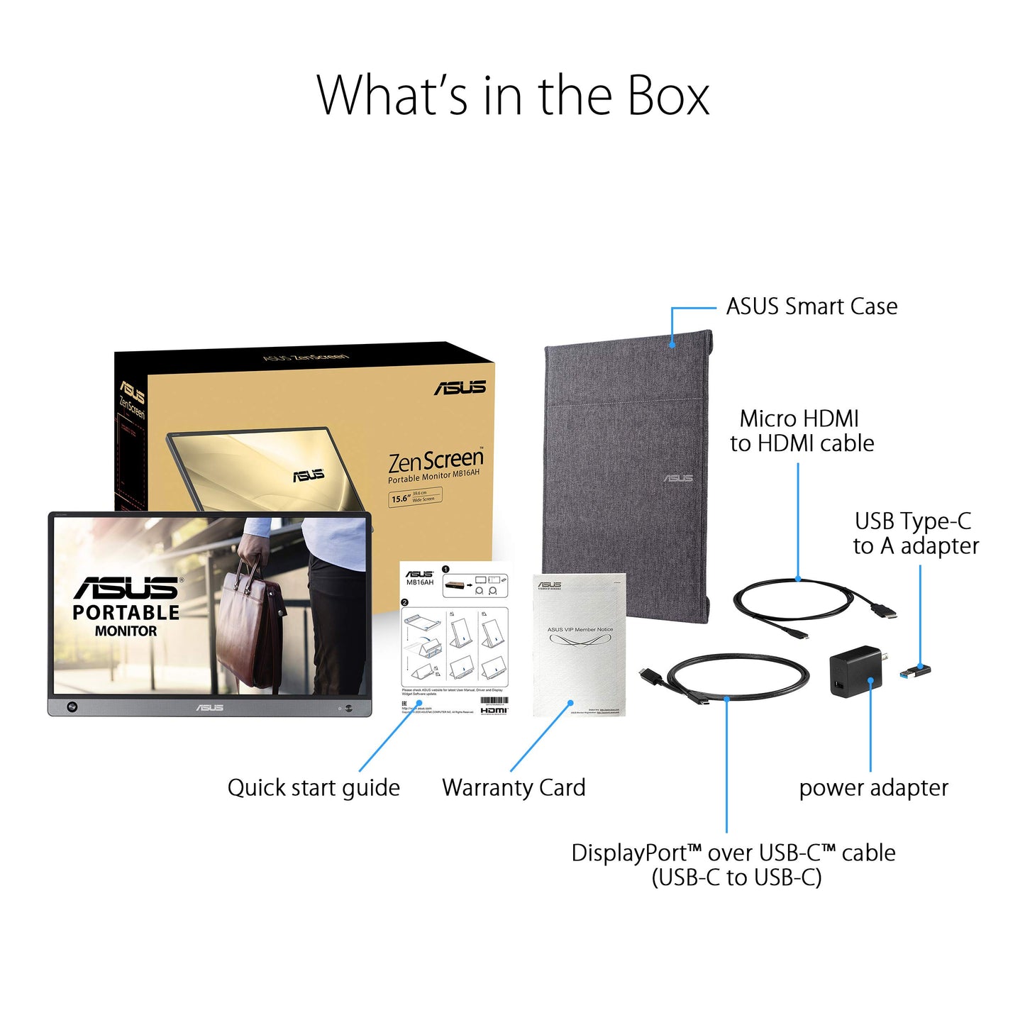 ASUS ZenScreen MB16AH - 15.6 inch portable USB monitor - Full HD 1920x1080, Type-C, Micro HDMI, auto-rotation, lightweight design, Smartcase, tripod stand - IPS panel, 16:9, anti-glare