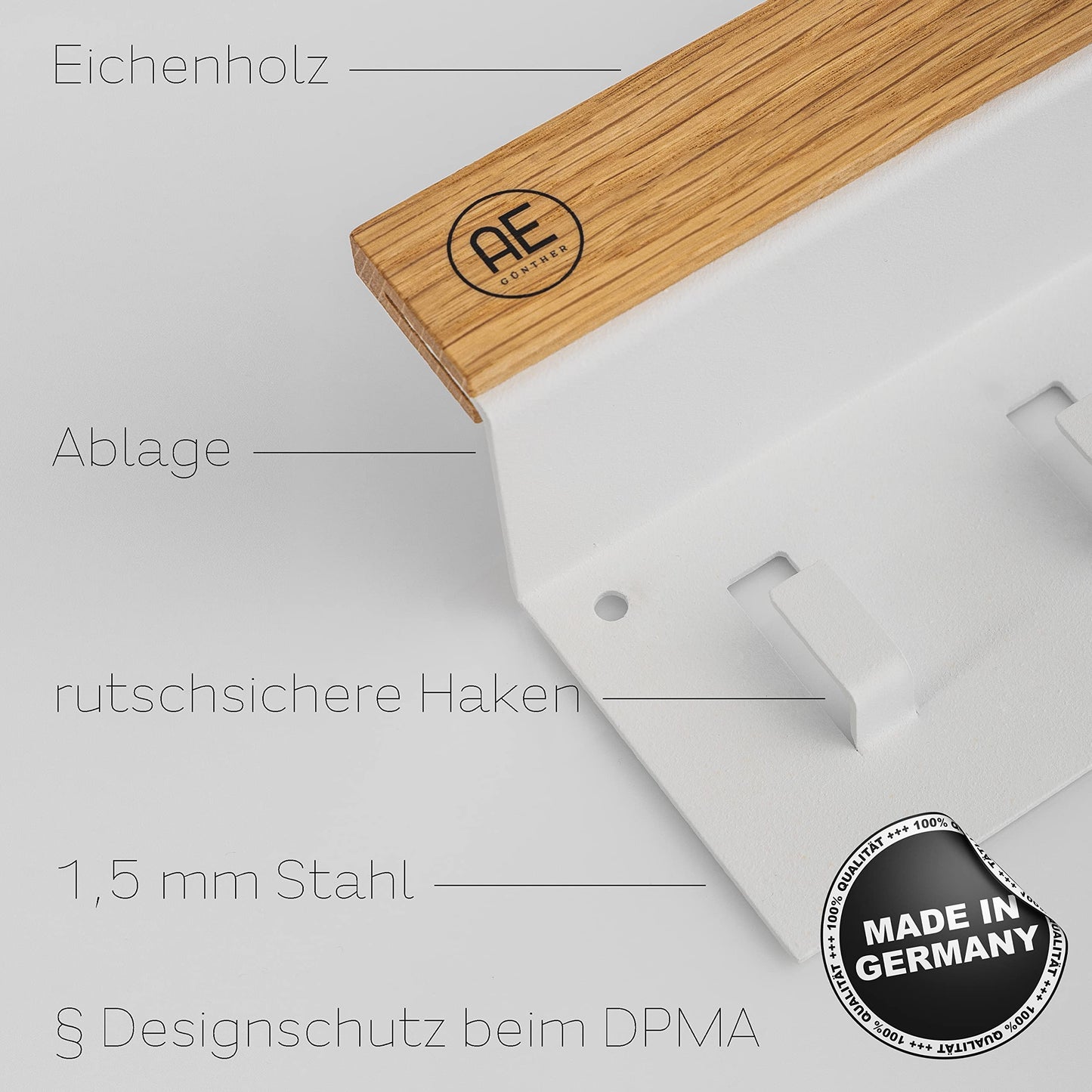 AE Günther® Key Rack Wood - White Steel Key Holder - Oak Key Board - Key Organizer with Tray - Keyring - Key Box - Wall Organizer - Key Rack (White)