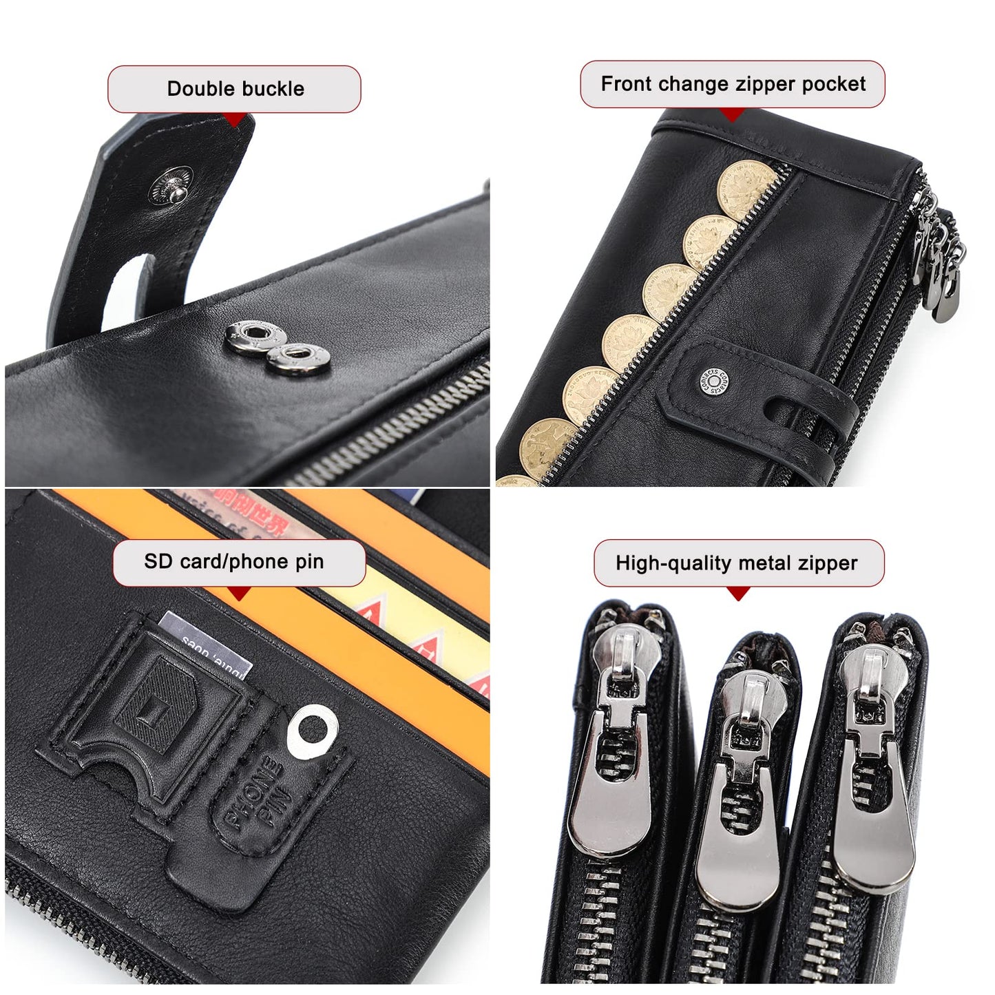 CONTACTS RFID Women's Zipper Wallet-Lady Card Coin Holder Phone Clutch Purse Genuine Leather (Black)